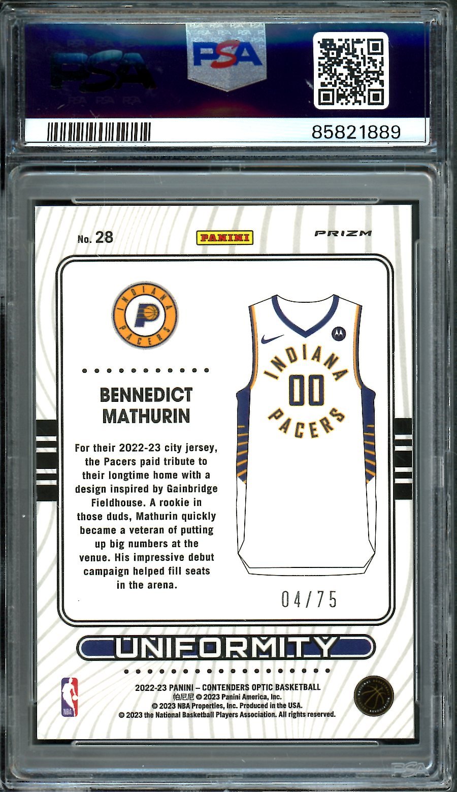2022/23 Panini Contenders Optic Bennedict Mathurin Rookie Uniformity Blue Cracked Ice /75 PSA 8