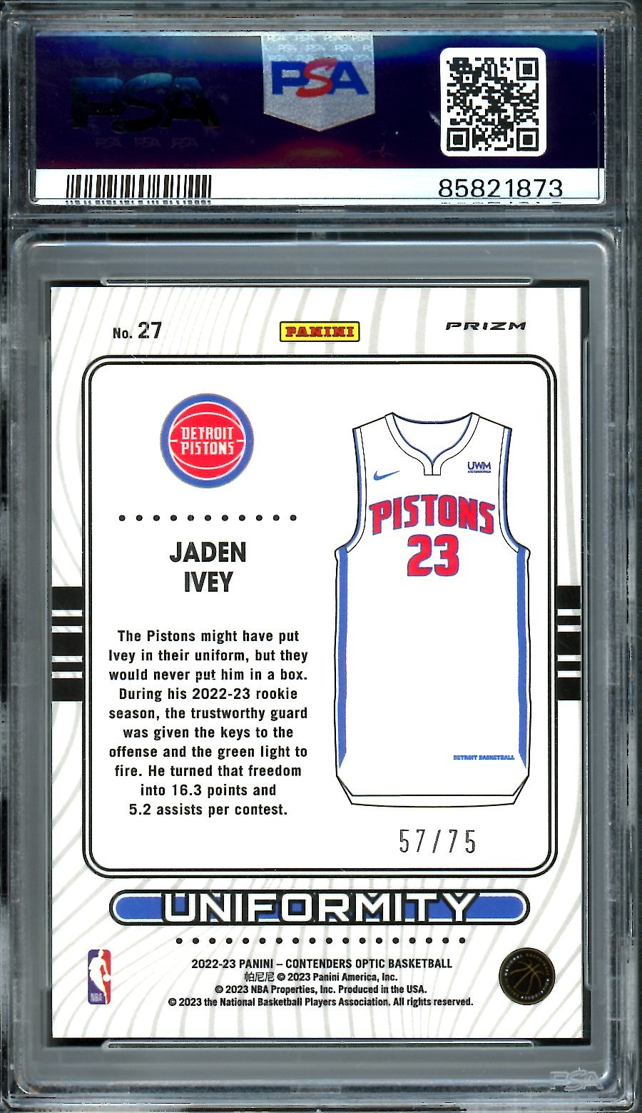 2022/23 Panini Contenders Optic Jaden Ivey Rookie Uniformity Blue Cracked Ice /75 PSA 8 Pistons