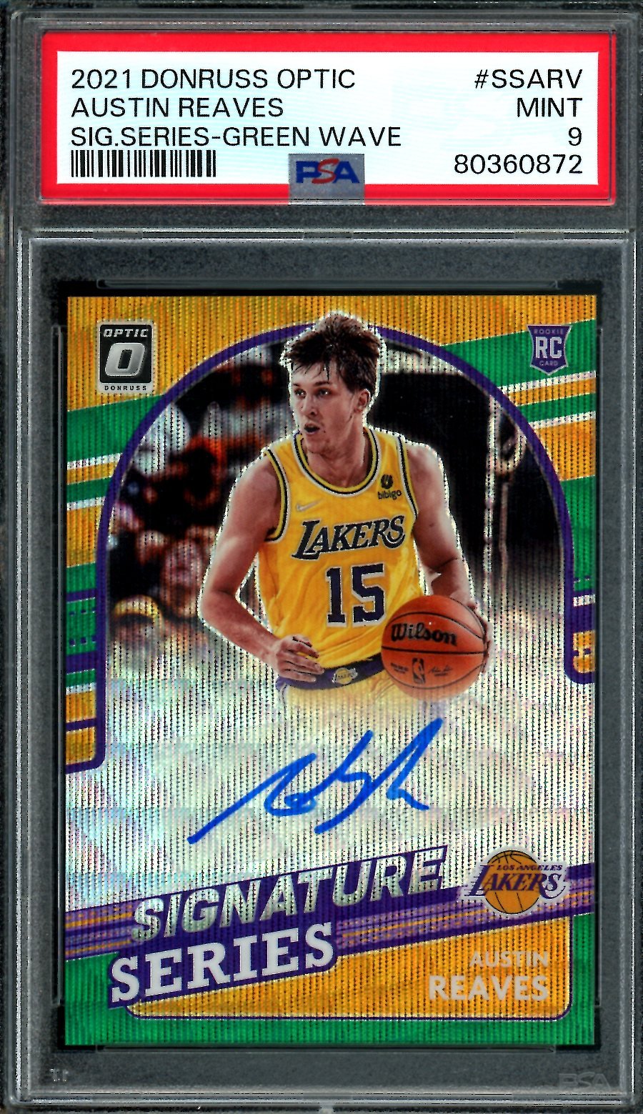 2021/22 Panini Optic Austin Reaves Rookie Auto Green Wave PSA 9 Lakers