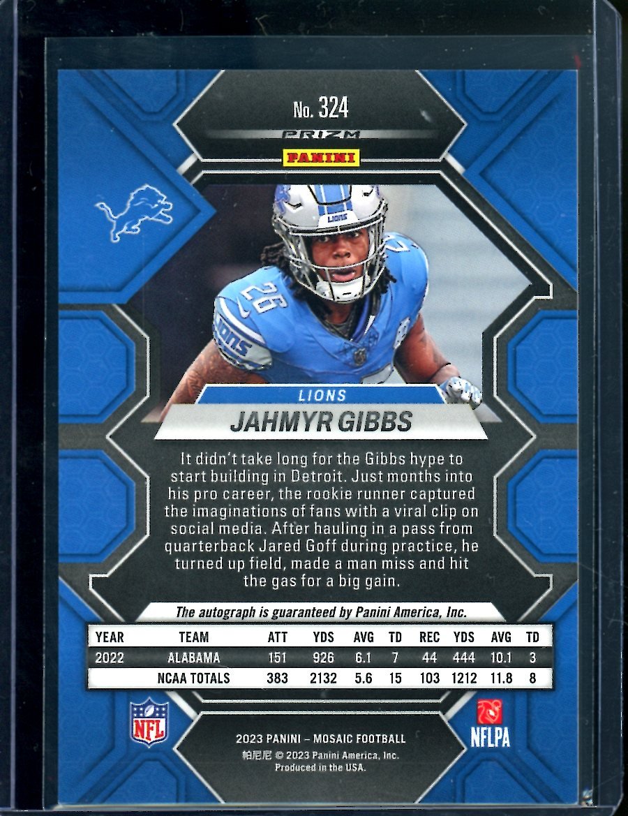 2023 Panini Mosaic Choice Jahmyr Gibbs Rookie Red & Yellow Auto Lions