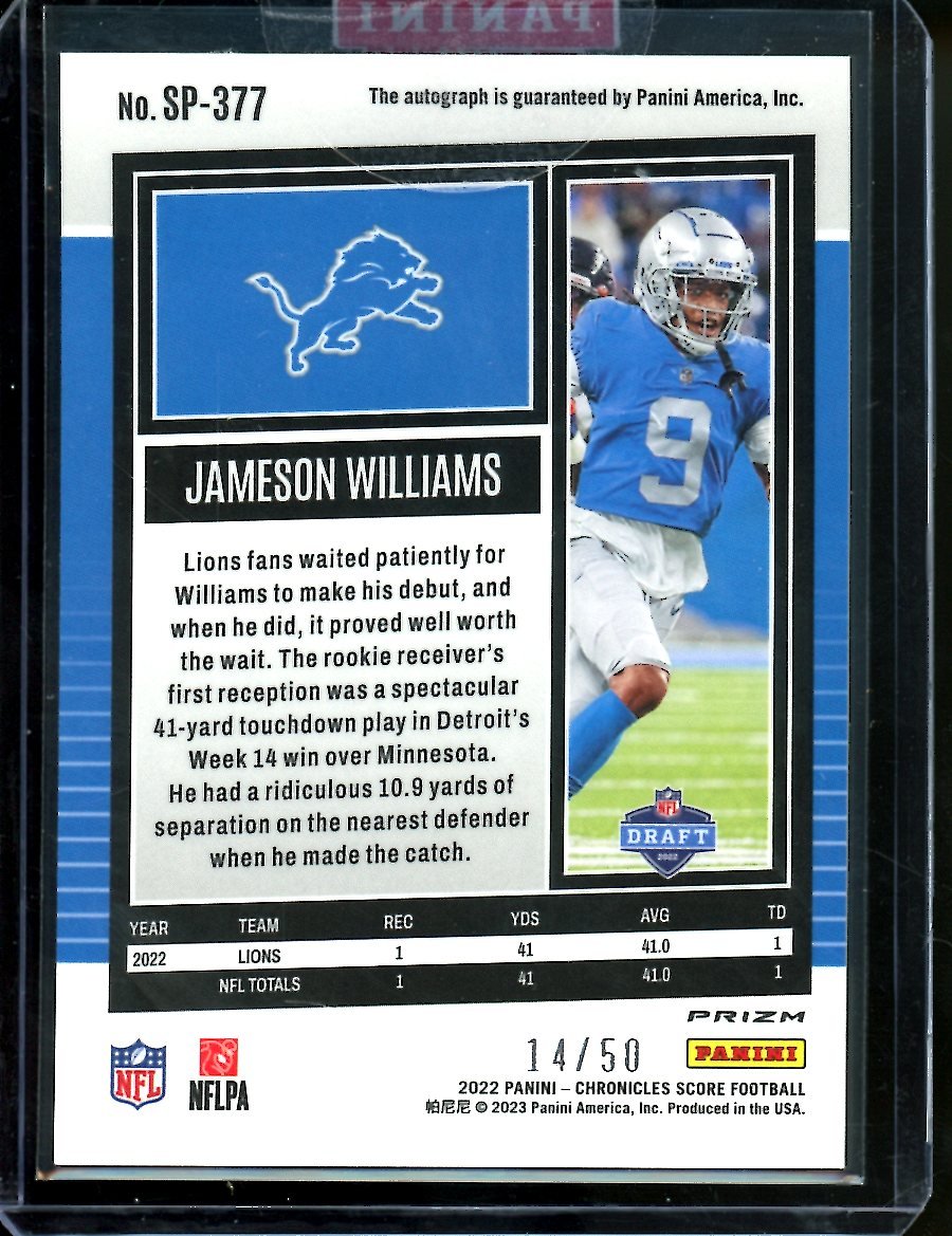 2022 Panini Chronicles Score Jameson Williams Rookie Auto Gold Zone /50 Lions