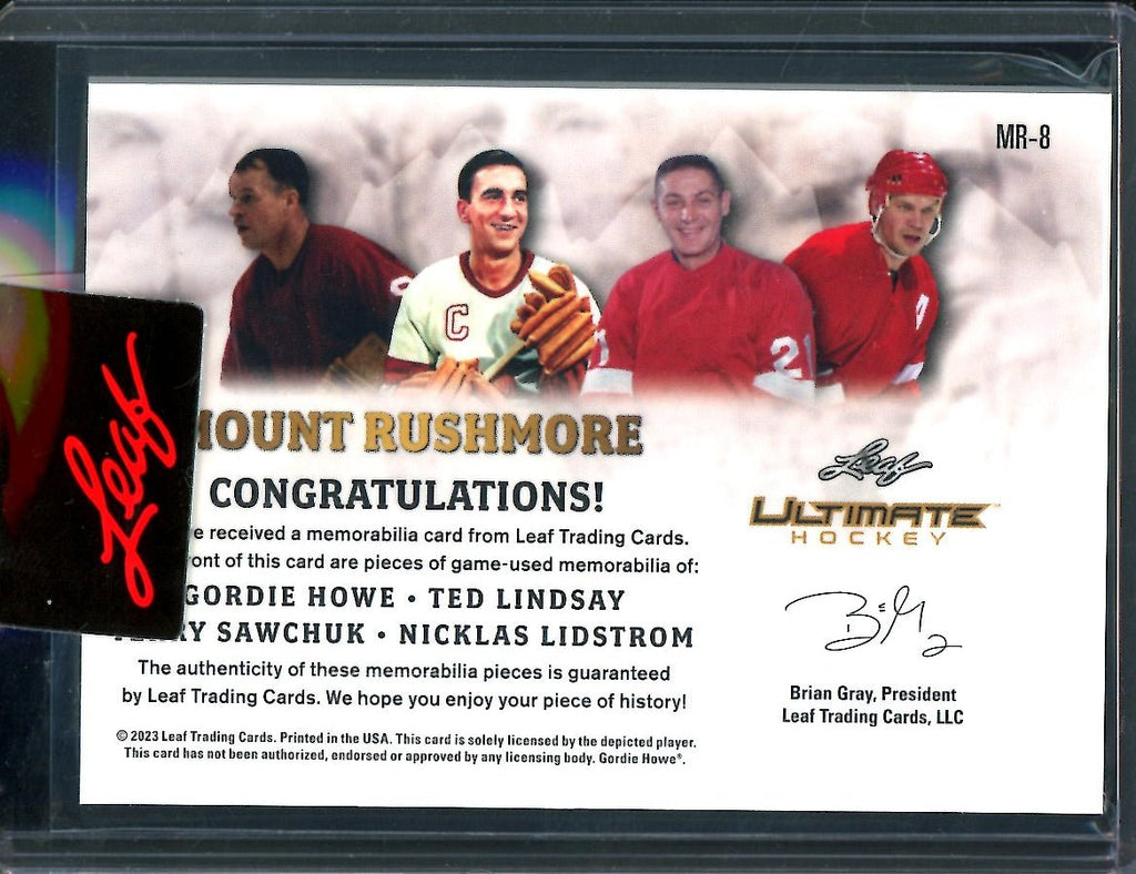 2023 Leaf Ultimate Hockey Gordie Howe/Ted Lindsay/Terry Sawchuk/Nicklas Lidstrom Mount Rushmore Quad Patch /25