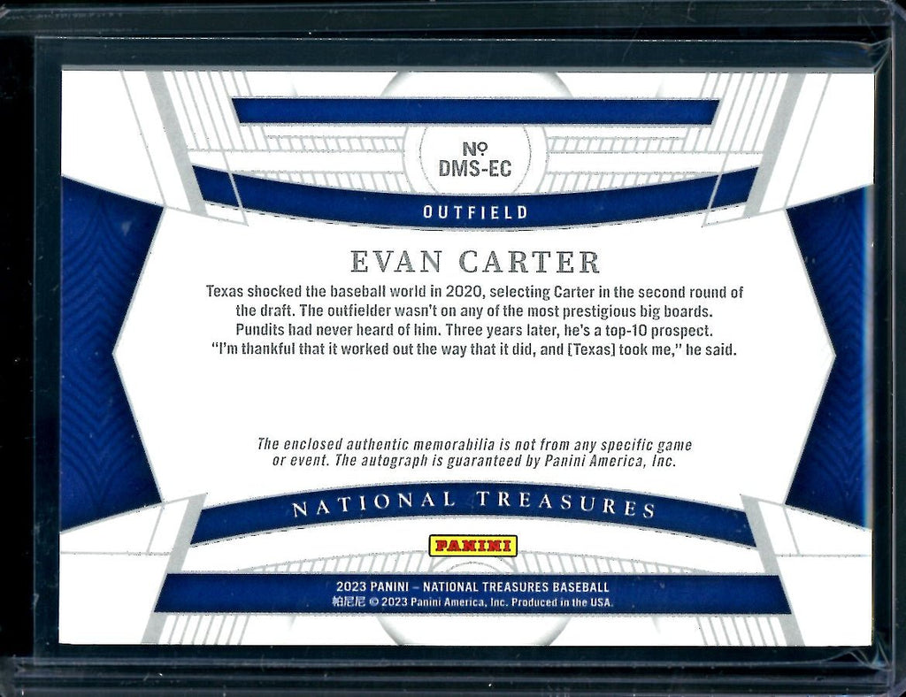 2023 Panini National Treasures Evan Carter Texas Patch Auto /99 Rangers