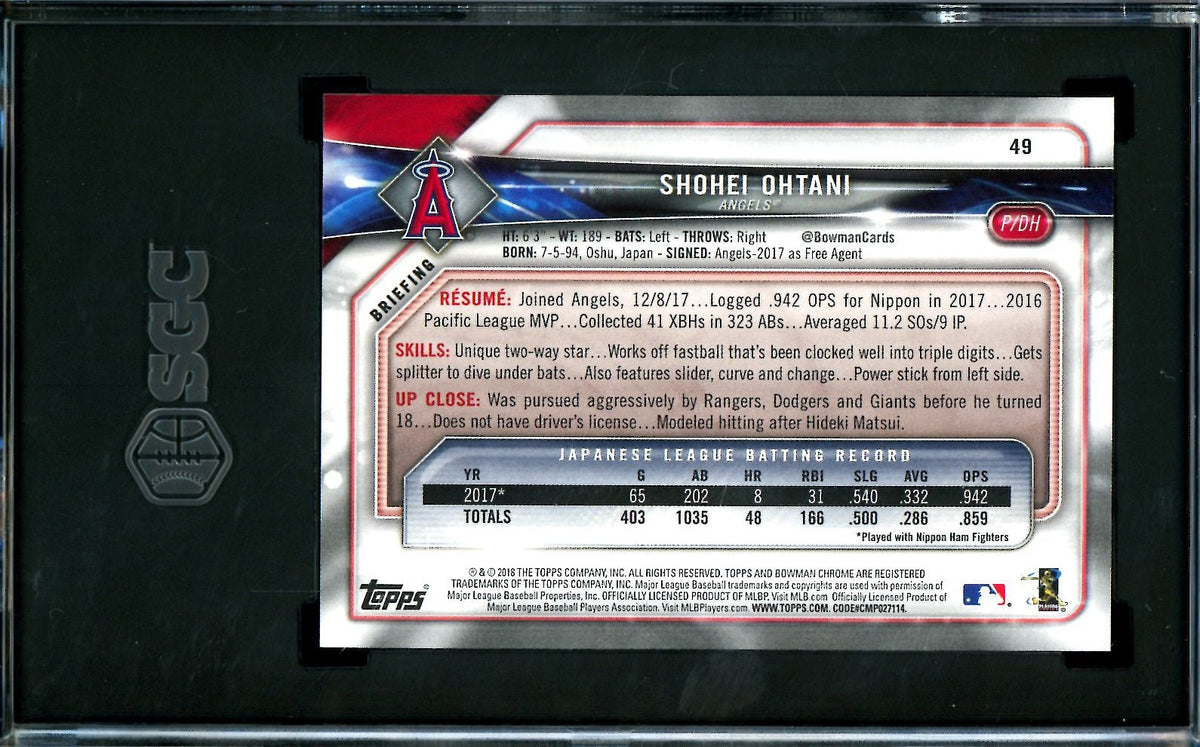 2018 Bowman Shohei Ohtani Rookie SGC 10 Angels