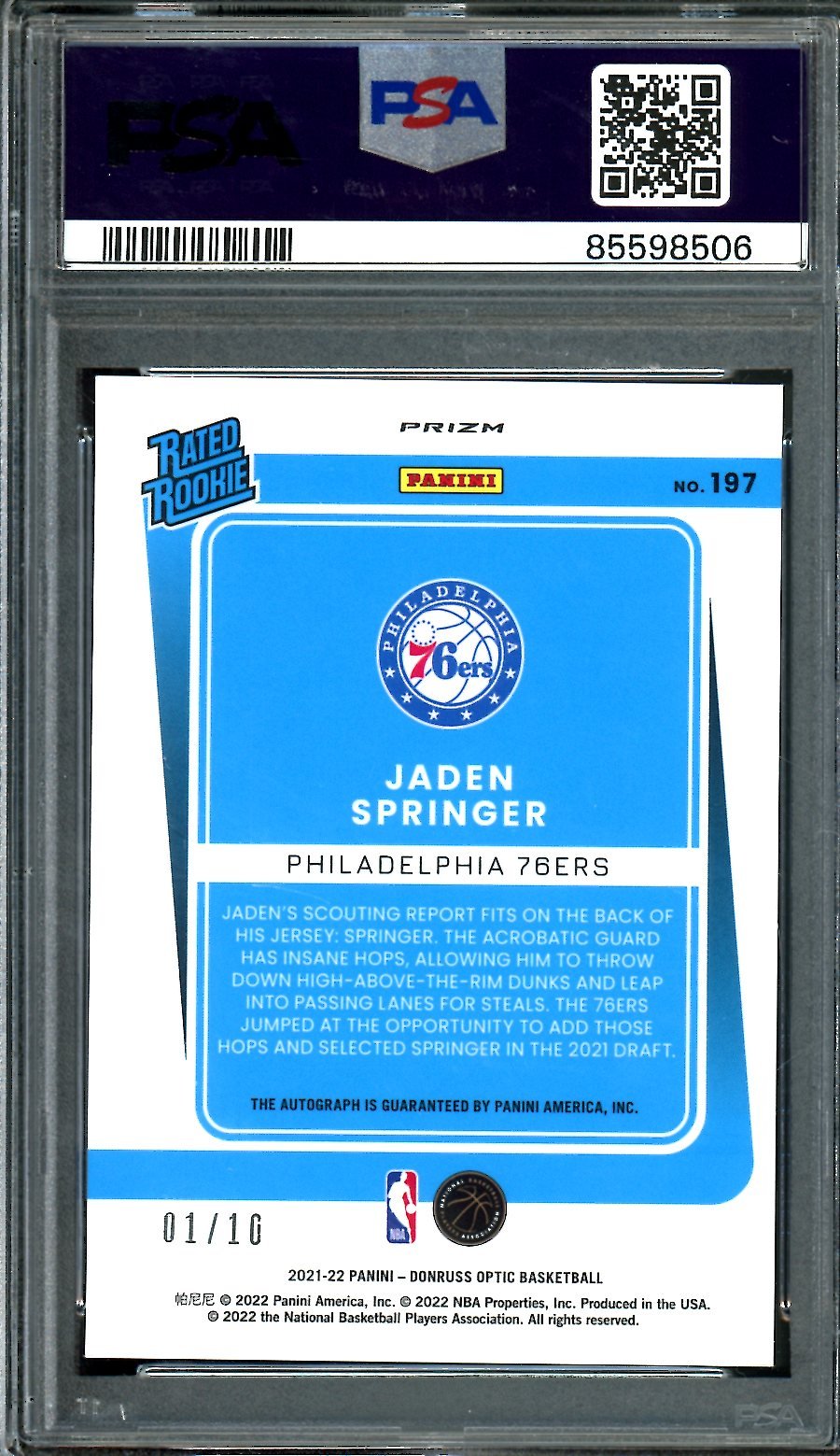 2021 Panini Optic Jaden Springer Rookie Auto Gold /10 PSA 9 76ers