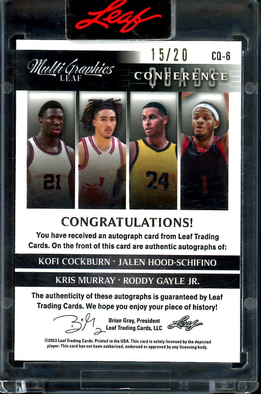 2023 Leaf MultiGraphics Kofi Cockburn/Jalen Hood-Schifino/Kris Murray/Roddy Gayle Jr. Quad Auto Purple /20