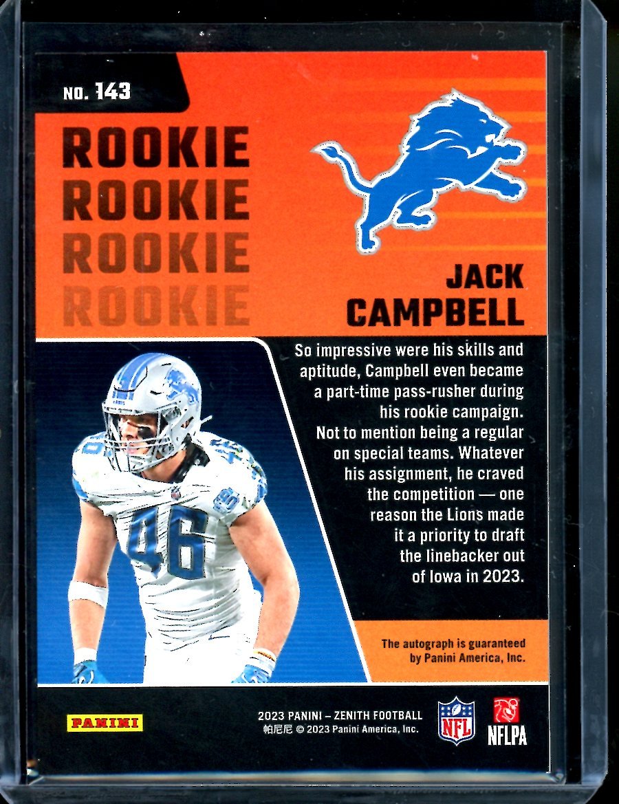 2023 Panini Zenith Jack Campbell Rookie Auto /299 Lions