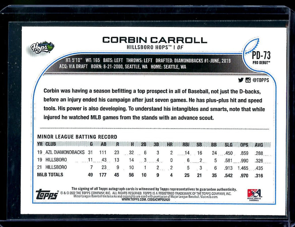 2022 Topps Pro Debut Corbin Carroll Auto Diamondbacks