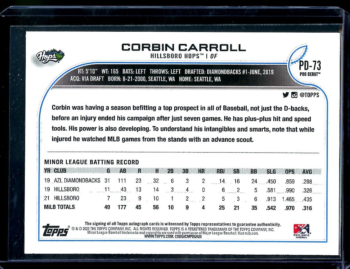 2022 Topps Pro Debut Corbin Carroll Auto Diamondbacks