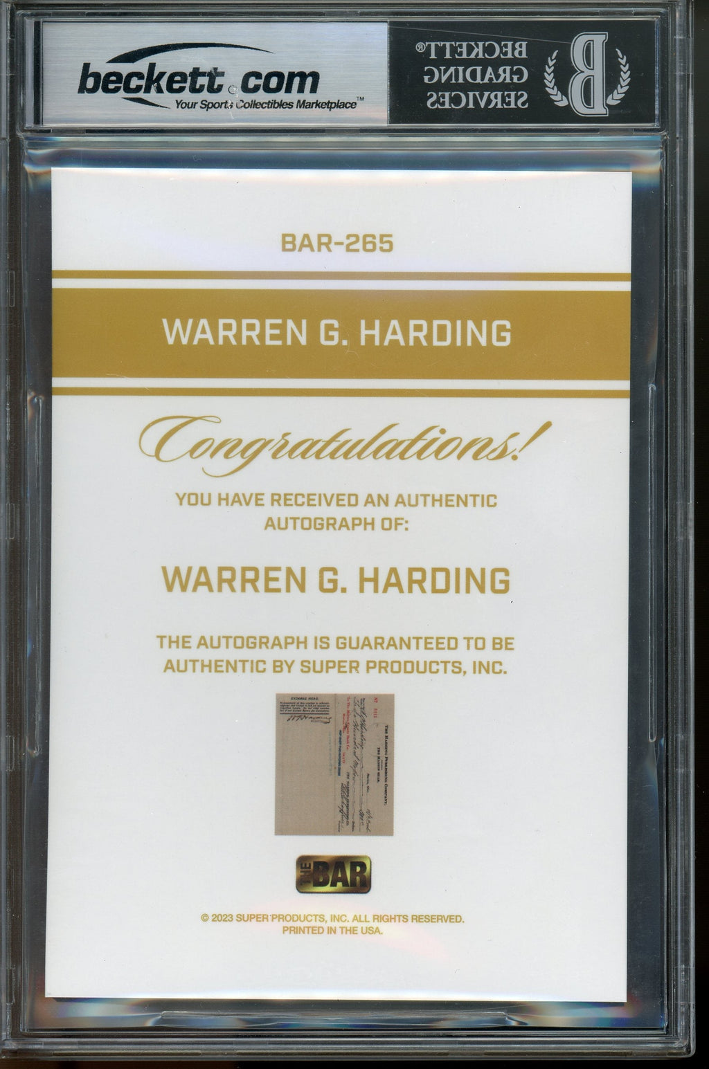 2023 The Bar Cut Autograph Edition Warren G. Harding 5x7 Cut Auto 1/1 BGS 9