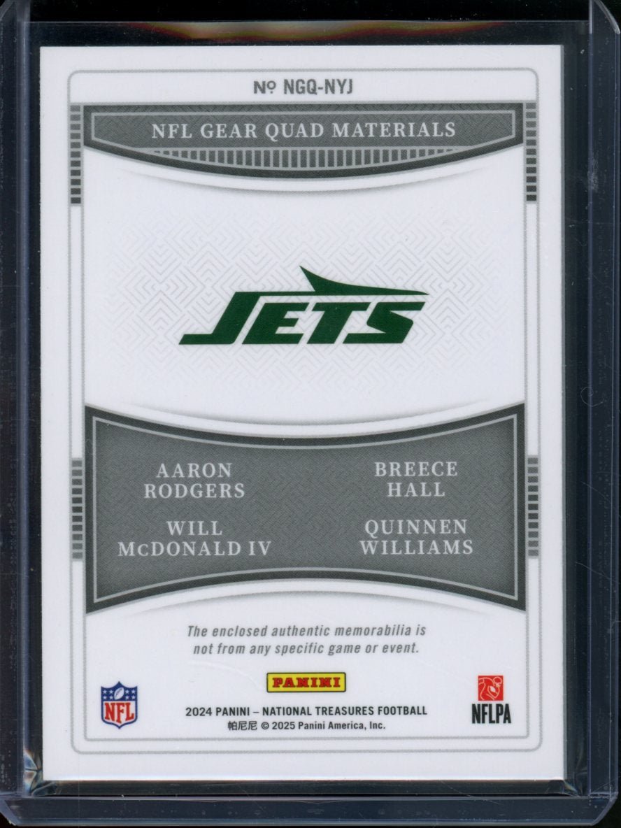 2024 Panini National Treasures Aaron Rodgers/Breece Hall/Will McDonald IV/Quinnen Williams Quad Patch /25 Jets