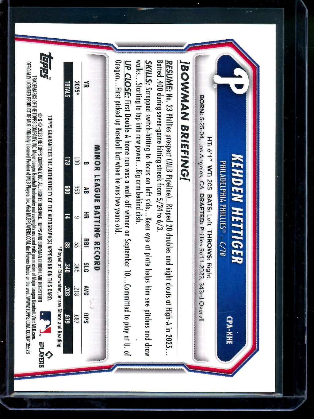 2026 Bowman Chrome Kehden Hettiger 1st Lava Autograph Gold /50 Phillies