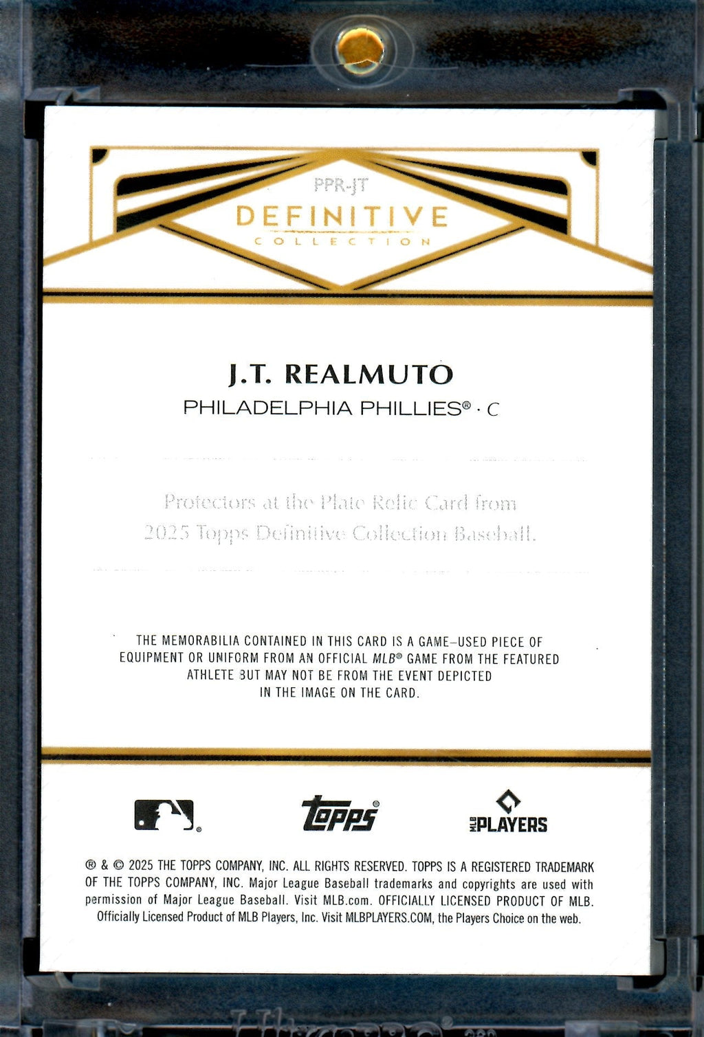 2025 Topps Definitive J.T. Realmuto Protectors at the Plate Helmet Relic Red /5 Phillies