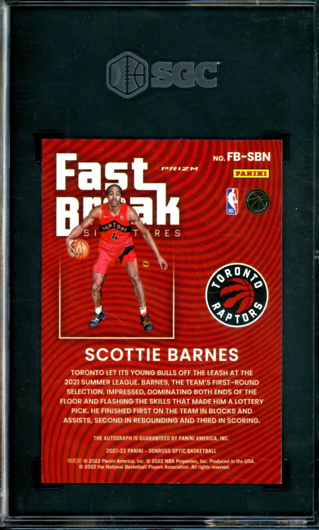 2022 Panini Optic Scottie Barnes Fast Break Signatures Rookie SGC 9.5/10 Raptors