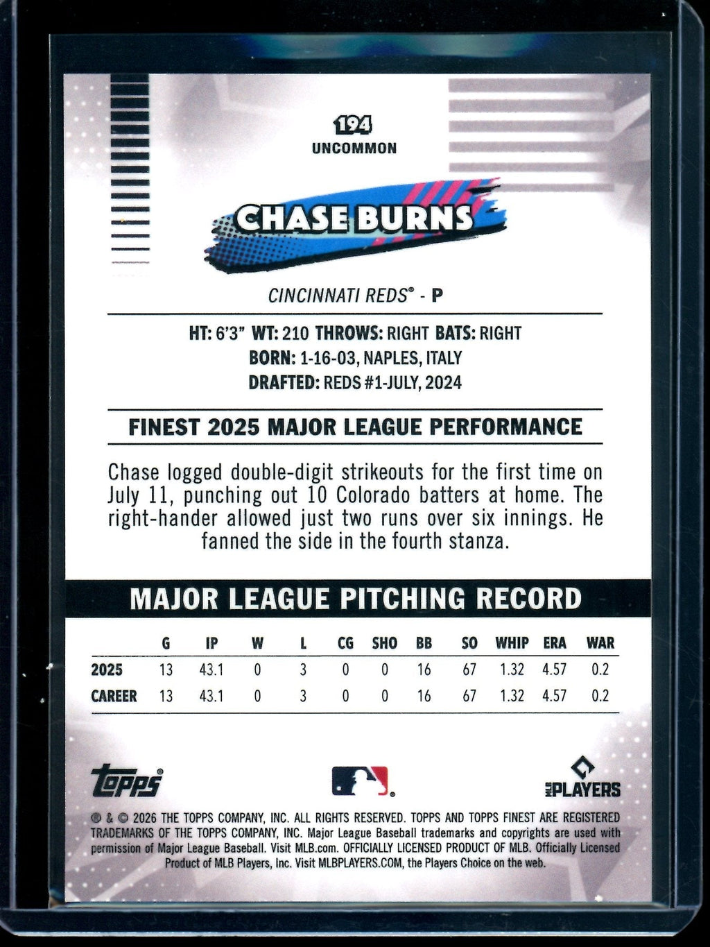 2026 Topps Finest Chase Burns Red Geometric Refractor Rookie /5 Reds