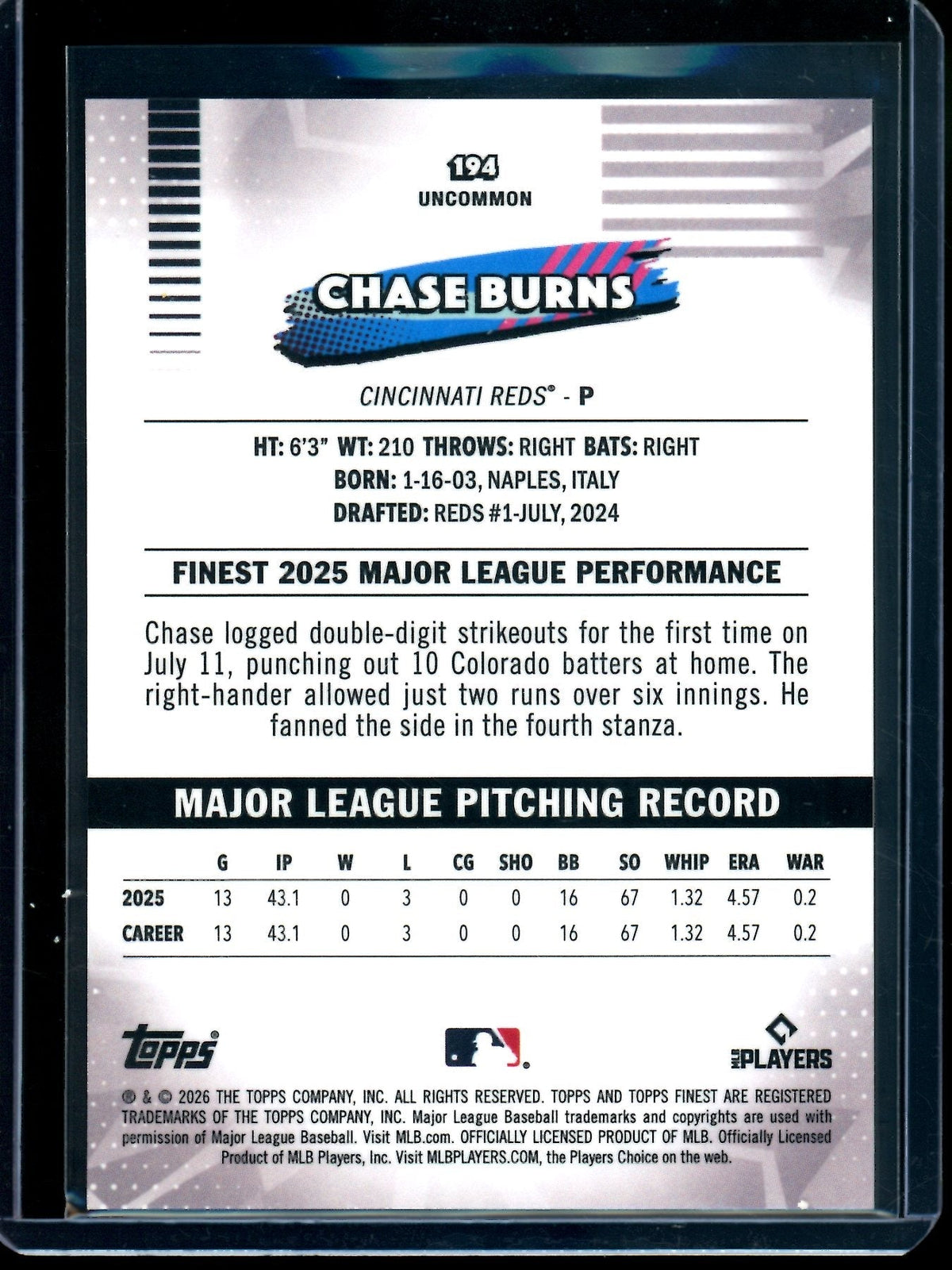 2026 Topps Finest Chase Burns Red Geometric Refractor Rookie /5 Reds