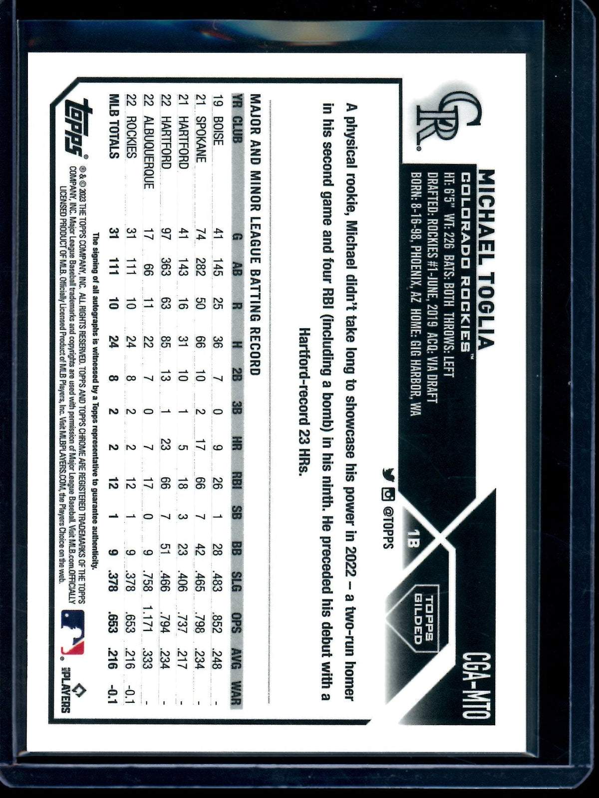 2023 Topps Gilded Michael Toglia Rookie Autograph /75 Rockies