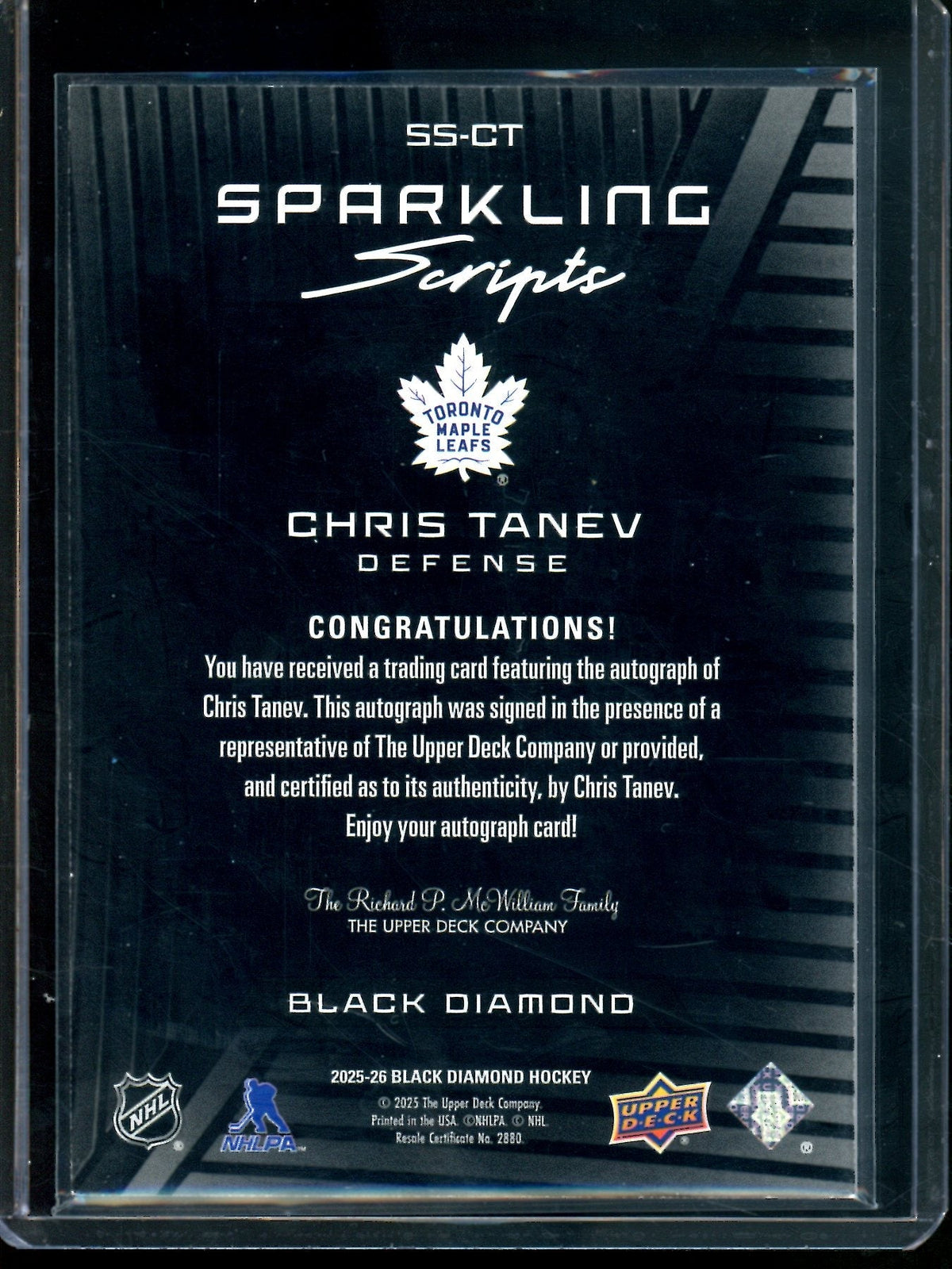2025 Upper Deck Black Diamond Chris Tanev Sparkling Scripts Maple Leafs
