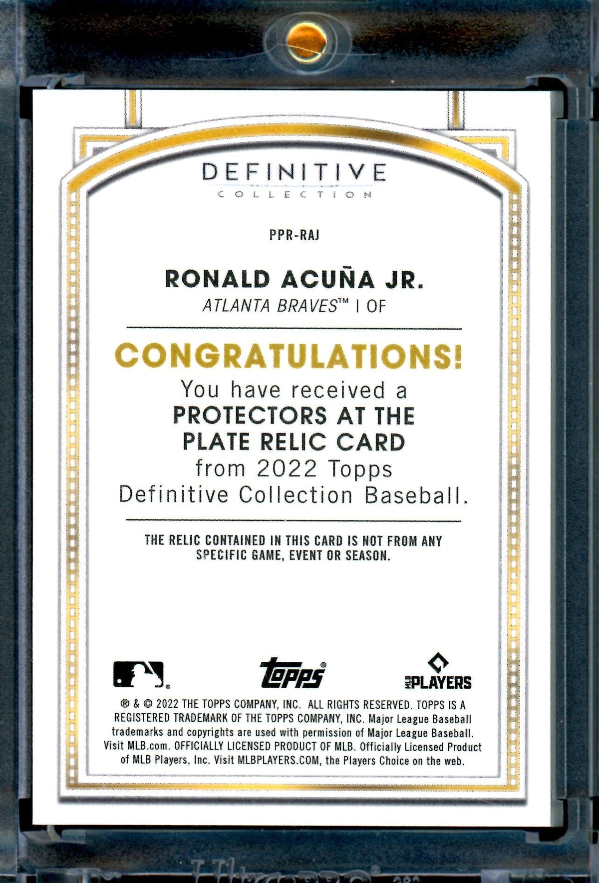 2022 Topps Definitive Ronald Acuna Protectors at The Plate Relic /10 Braves