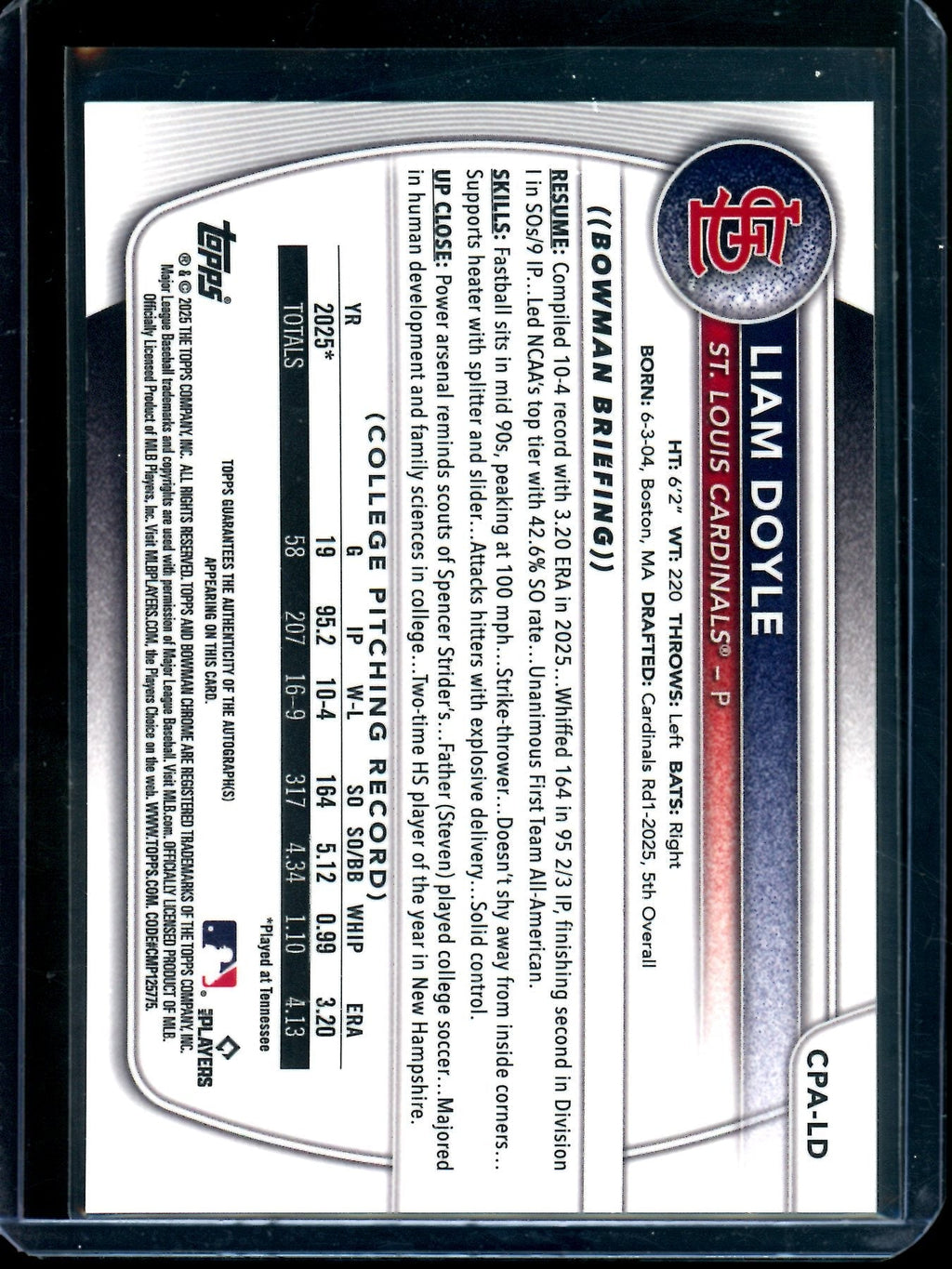 2025 Bowman Chrome Liam Doyle 1st Autograph Cardinals