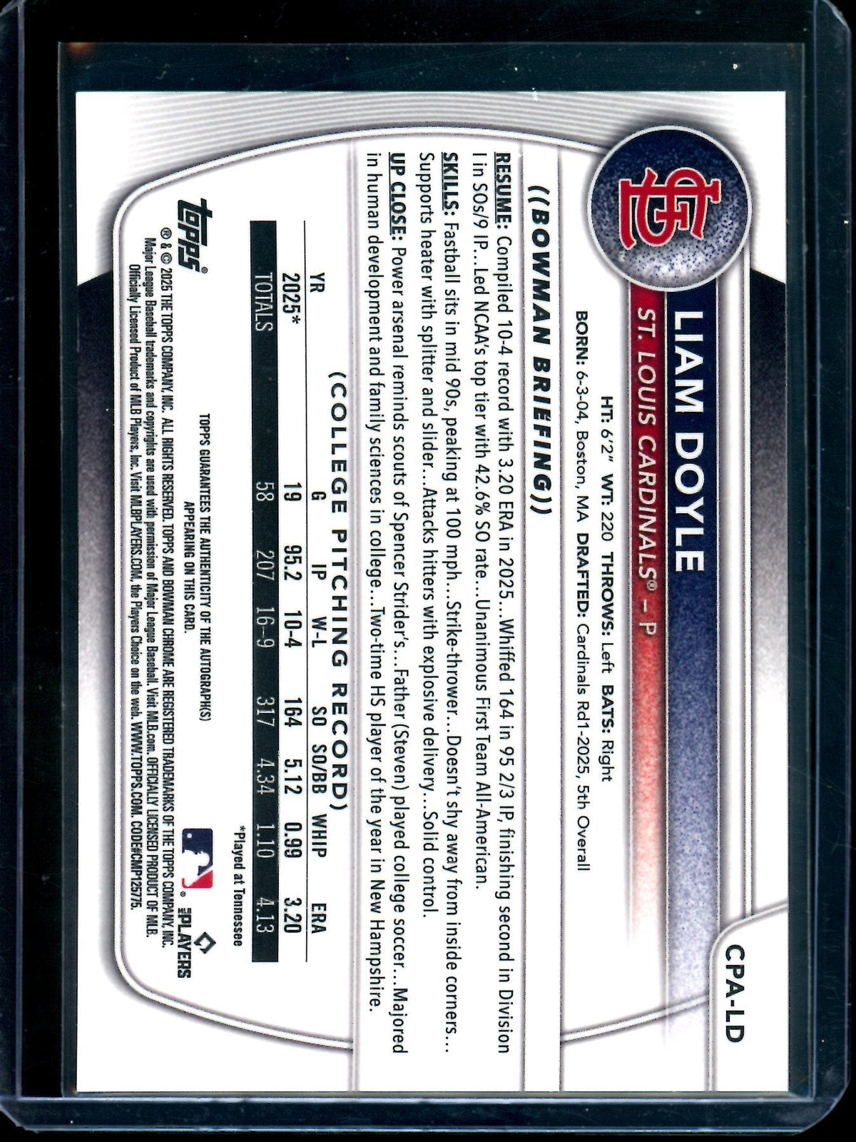 2025 Bowman Chrome Liam Doyle 1st Autograph Cardinals