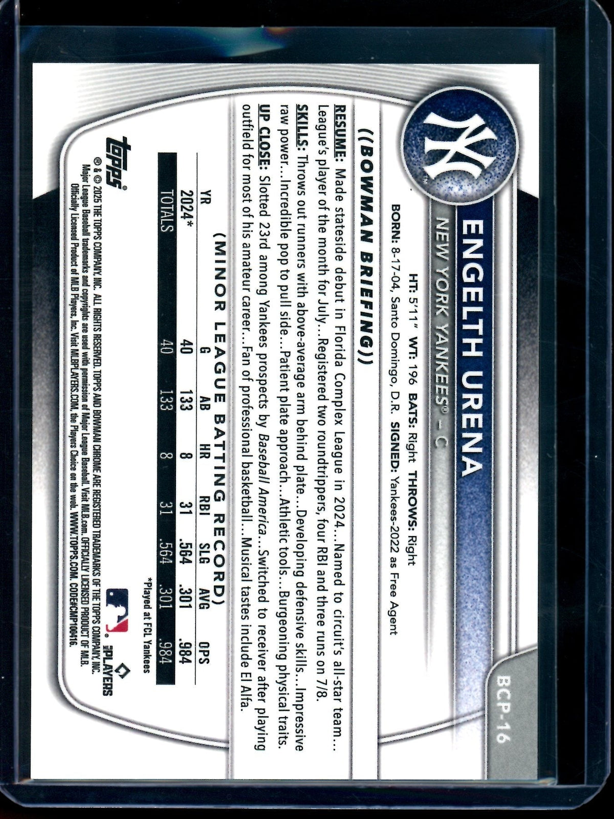 2025 Bowman Chrome Engelth Urena Rose Gold Refractor 1st /15 Yankees