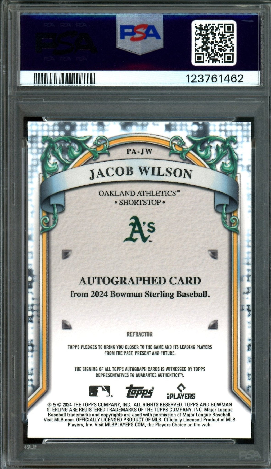 2024 Bowman Sterling Jacob Wilson Autograph Refractor /150 PSA 9 Athletics
