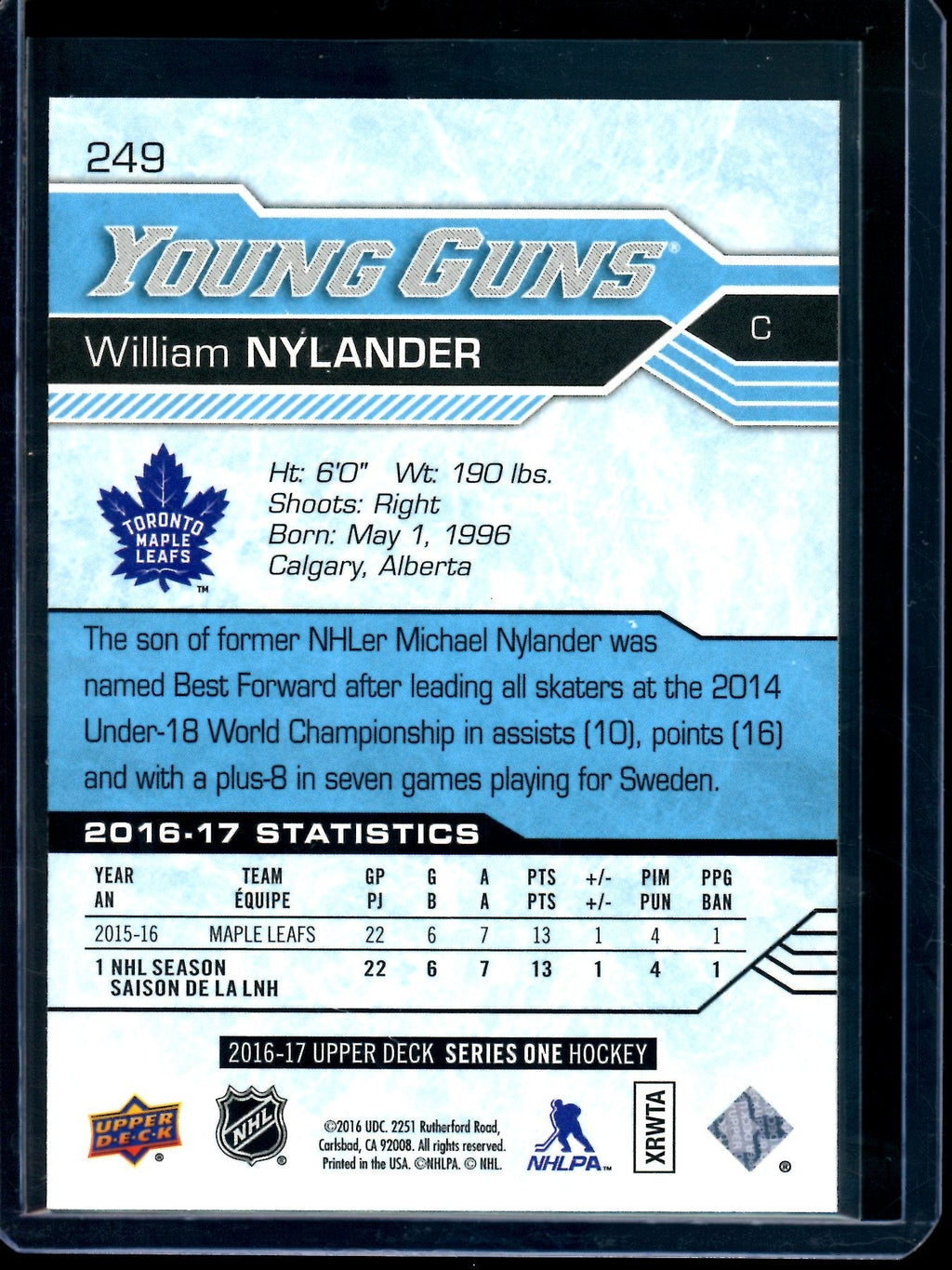 2016 Upper Deck Series 1 William Nylander Young Guns Maple Leafs