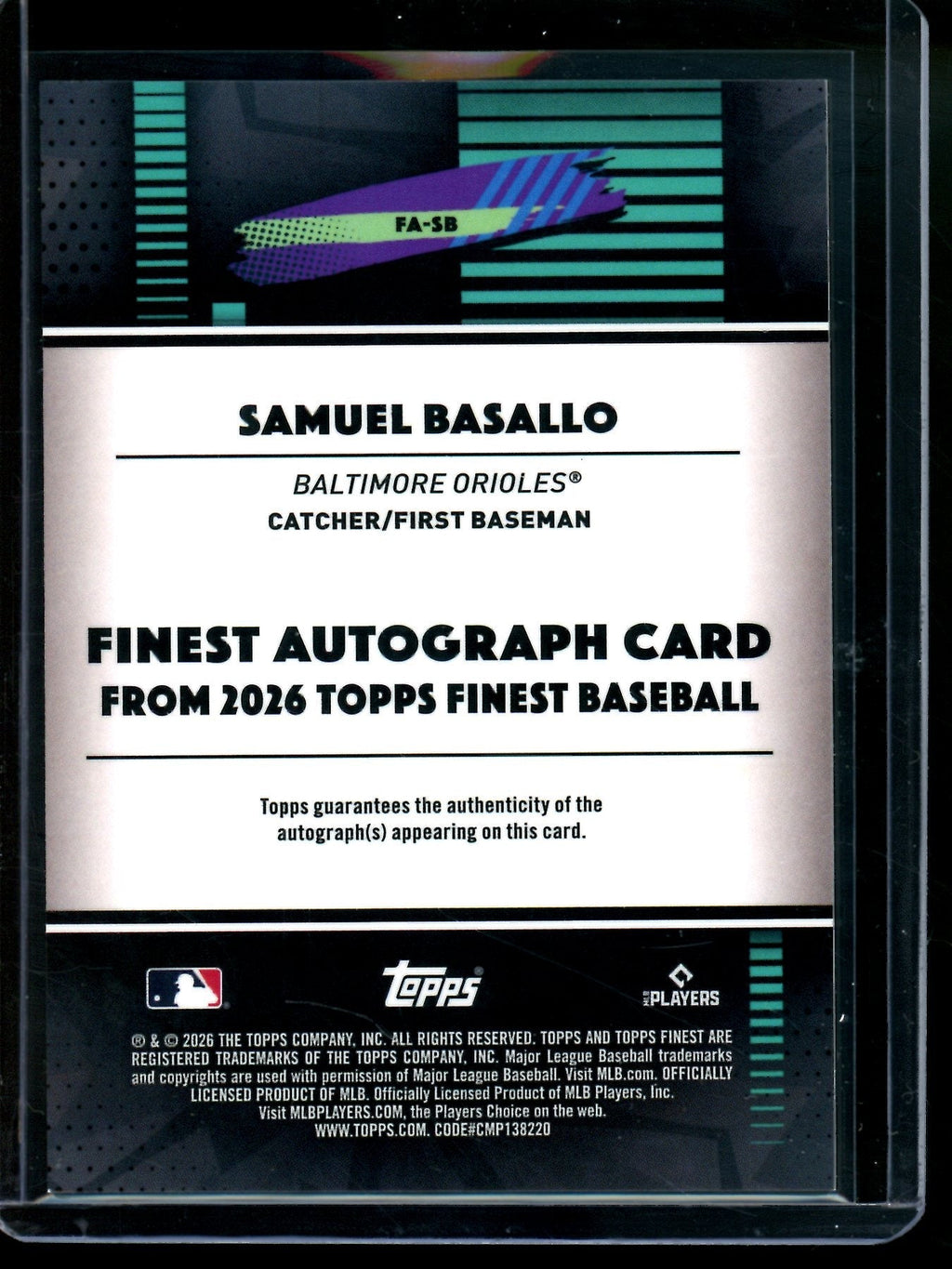 2026 Topps Finest Samuel Basallo Purple Rookie Autograph Refractor /75 Orioles