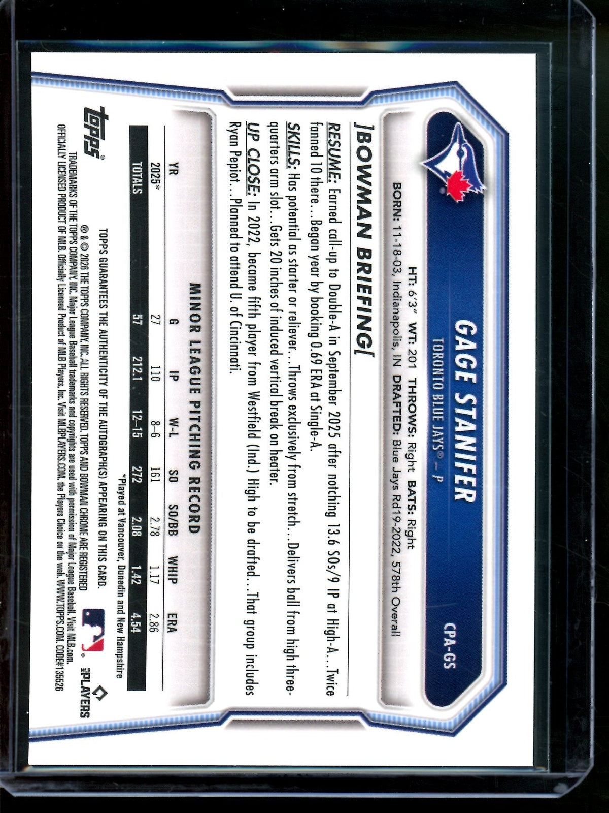2026 Bowman Chrome Gage Stanifer 1st Purple Refractor Autograph /250 Blue Jays