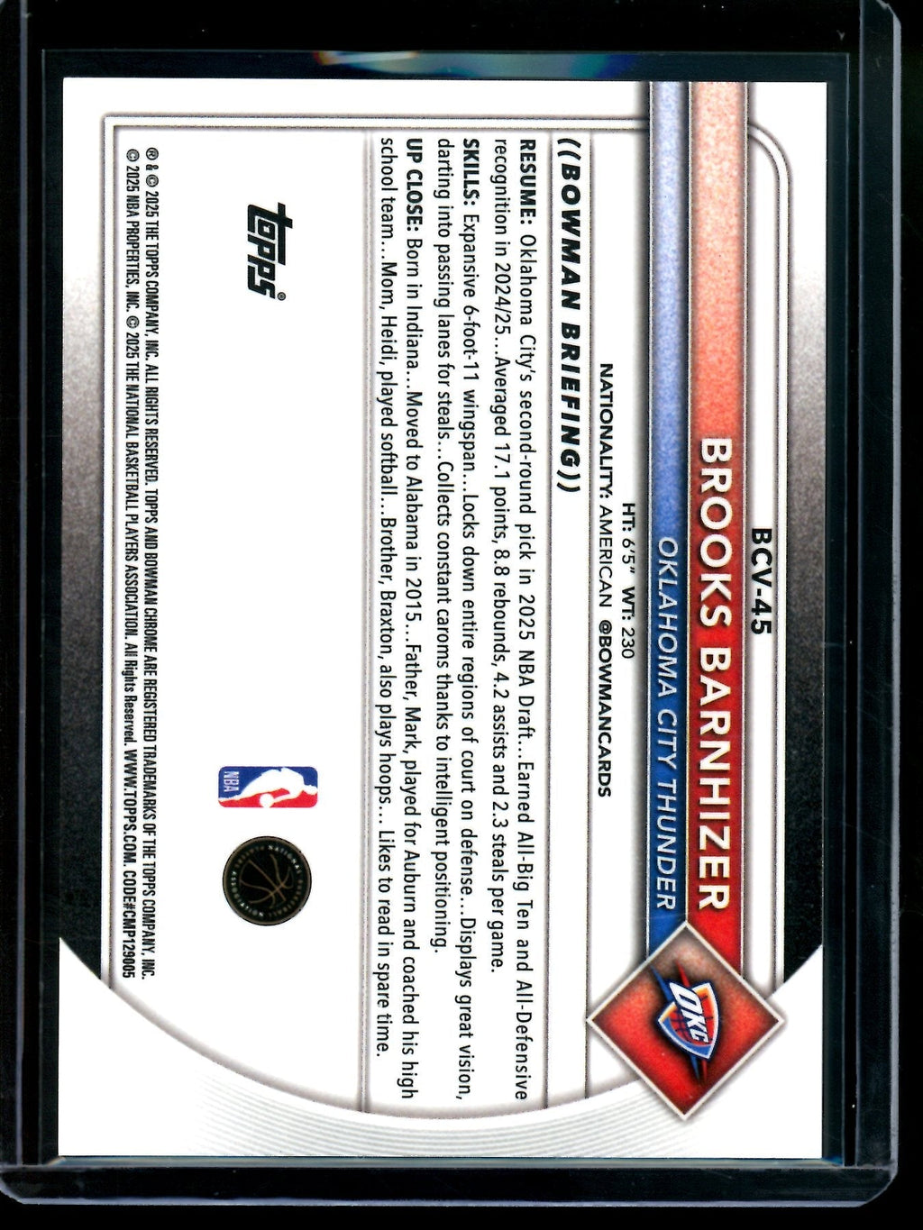 2025 Bowman Chrome Brooks Barnhizer Orange Rookie Refractor /25 Thunder