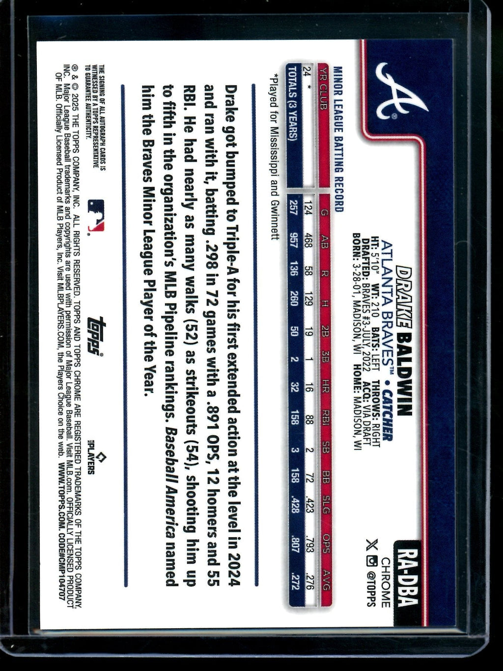 2025 Topps Chrome Drake Baldwin Rookie Autograph Braves