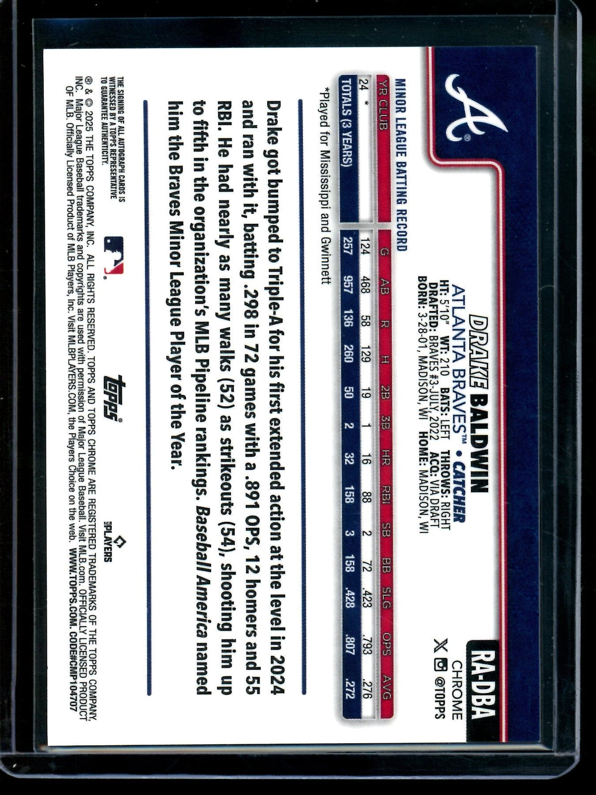2025 Topps Chrome Drake Baldwin Rookie Autograph Braves