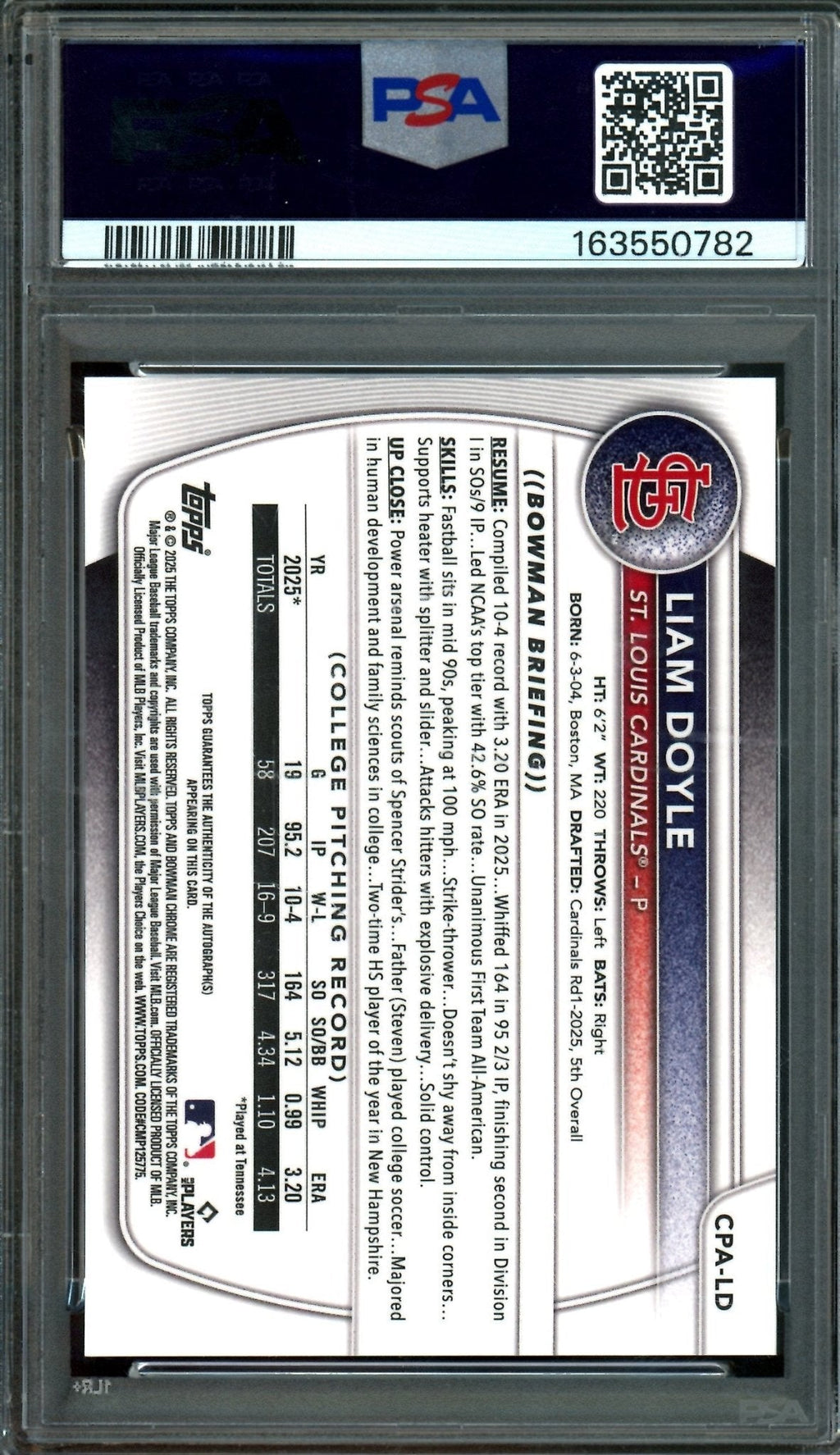 2025 Bowman Chrome Liam Doyle 1st Autograph PSA 10 Cardinals