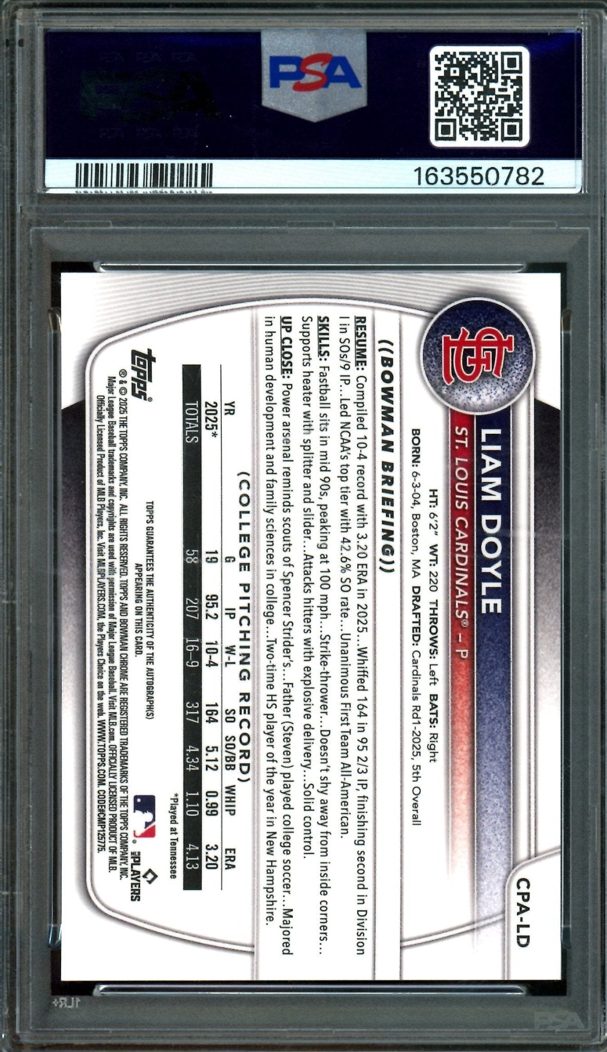 2025 Bowman Chrome Liam Doyle 1st Autograph PSA 10 Cardinals