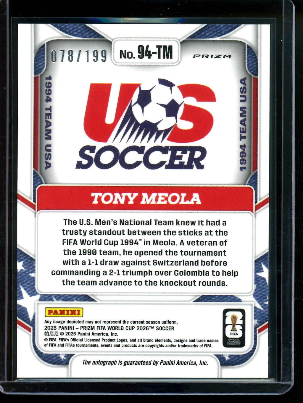 2026 Panini Prizm Tony Meola Silver Autograph /199 USA