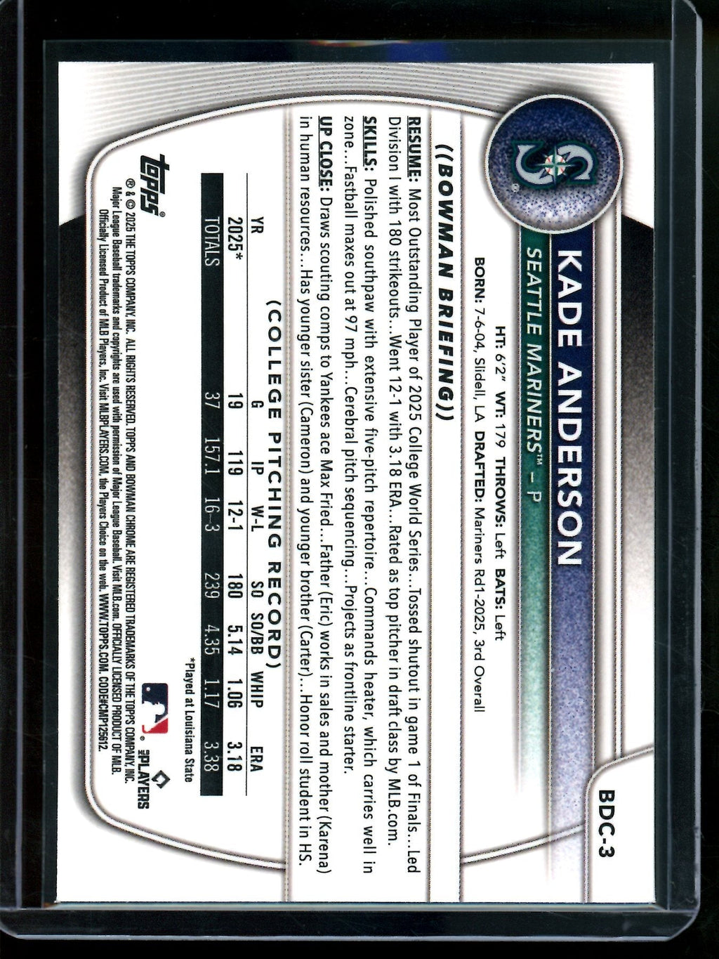 2025 Bowman Chrome Kade Anderson 1st Lazer Refractor Mariners