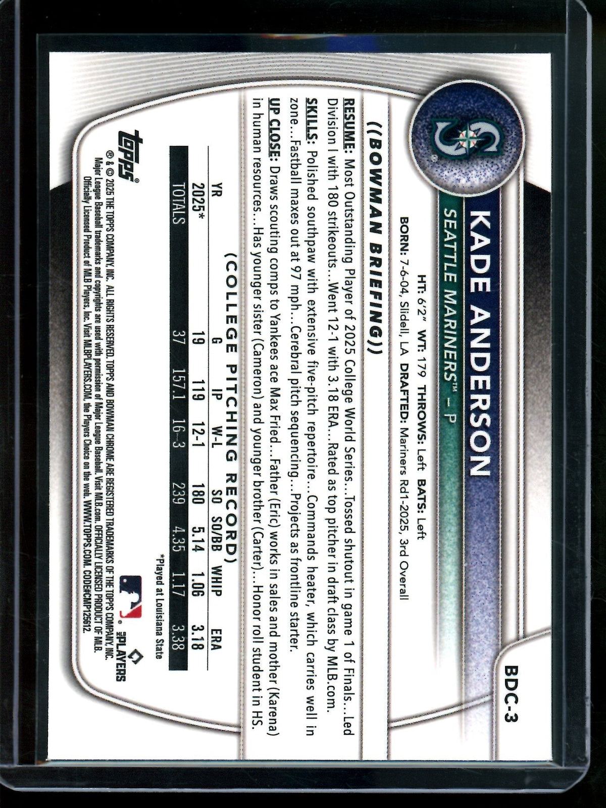 2025 Bowman Chrome Kade Anderson 1st Lazer Refractor Mariners