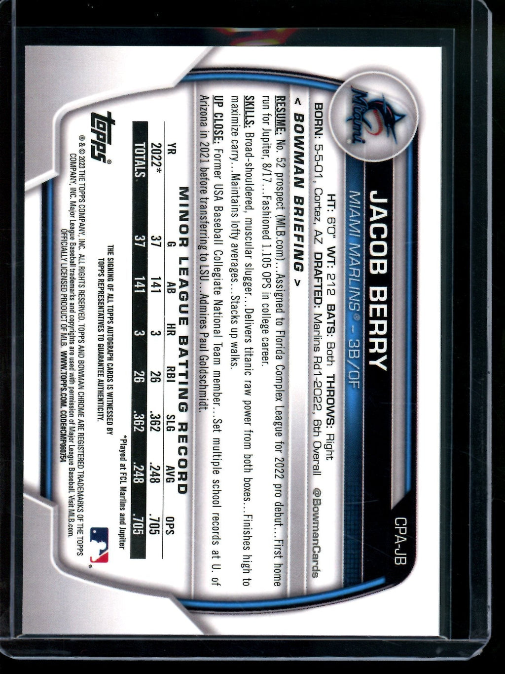 2023 Bowman Chrome Jacob Berry 1st Sparkle Refractor Autograph /299 Marlins