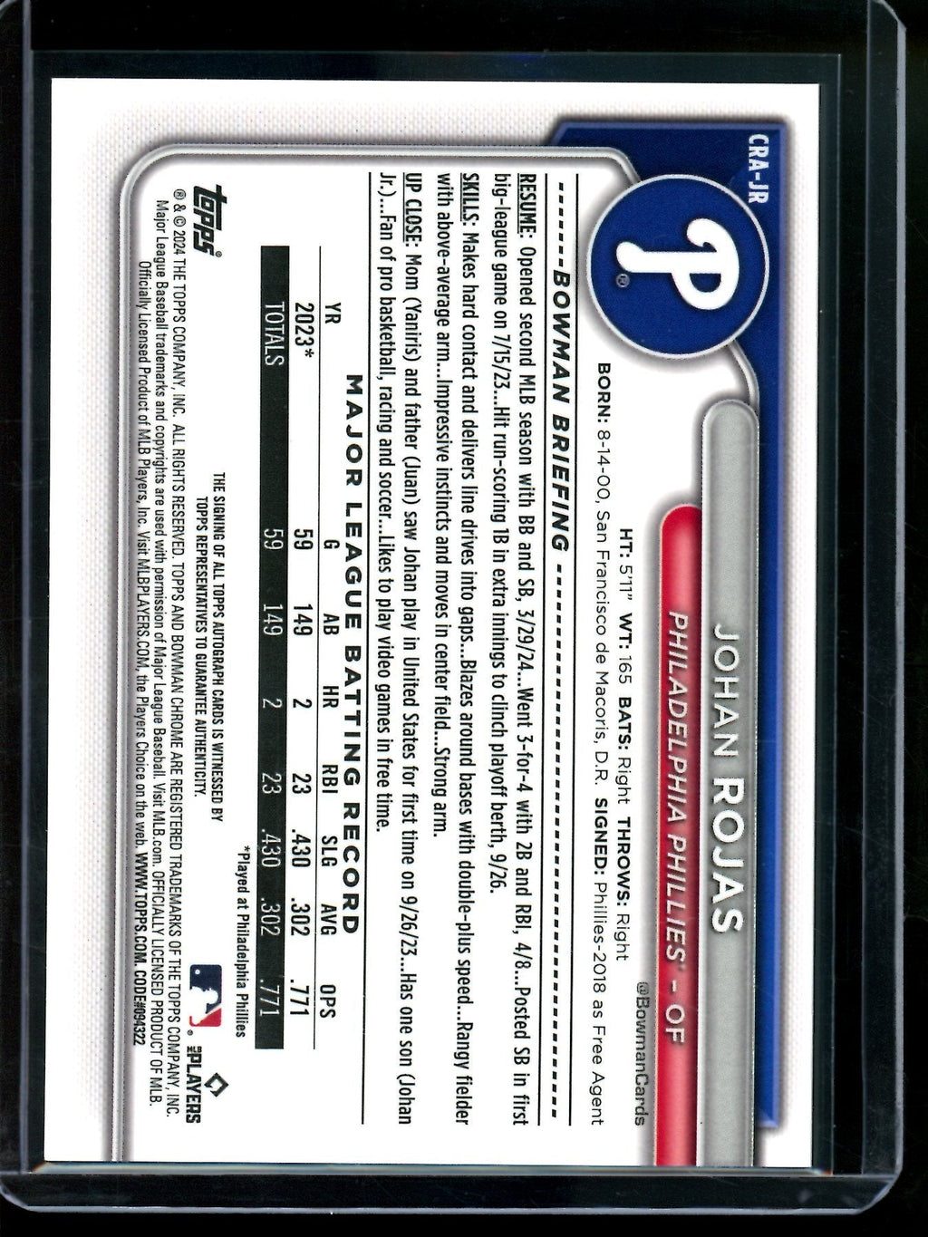 2024 Bowman Chrome Johan Rojas Orange Mojo Rookie Autograph /25 Phillies