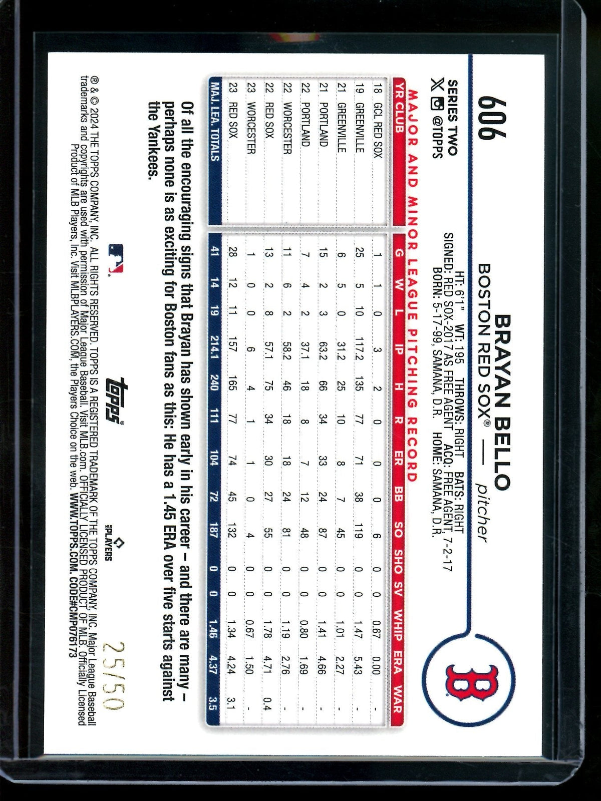 2024 Topps Flagship Brayan Bello Mothers Day /50 Red Sox