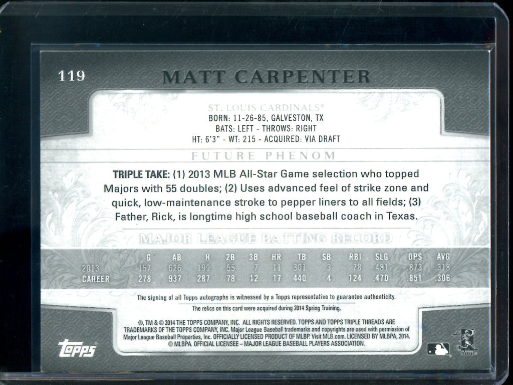 2014 Topps Triple Threads Matt Carpenter Patch Autograph /99 Cardinals