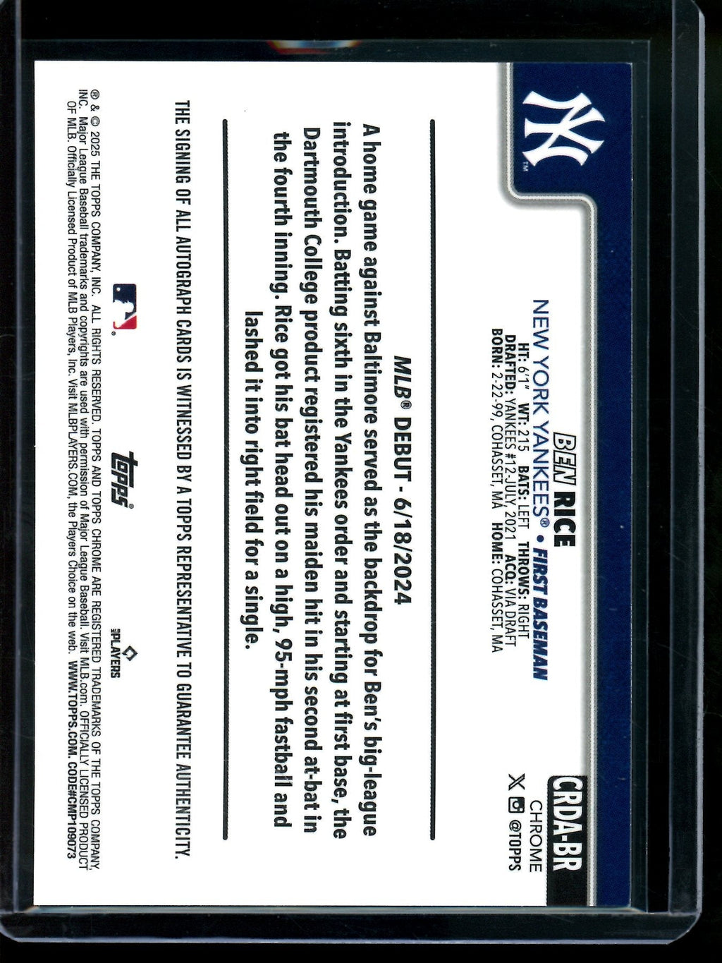 2025 Topps Chrome Ben Rice Aqua Wave Rookie Autograph /199 Yankees