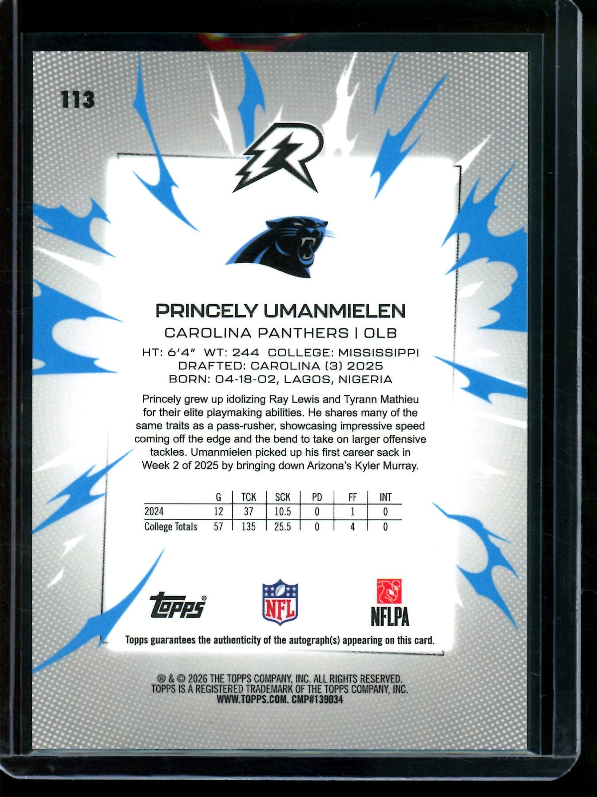 2026 Topps Resurgence Princely Umanmielen Gold Rookie Autograph /50 Panthers