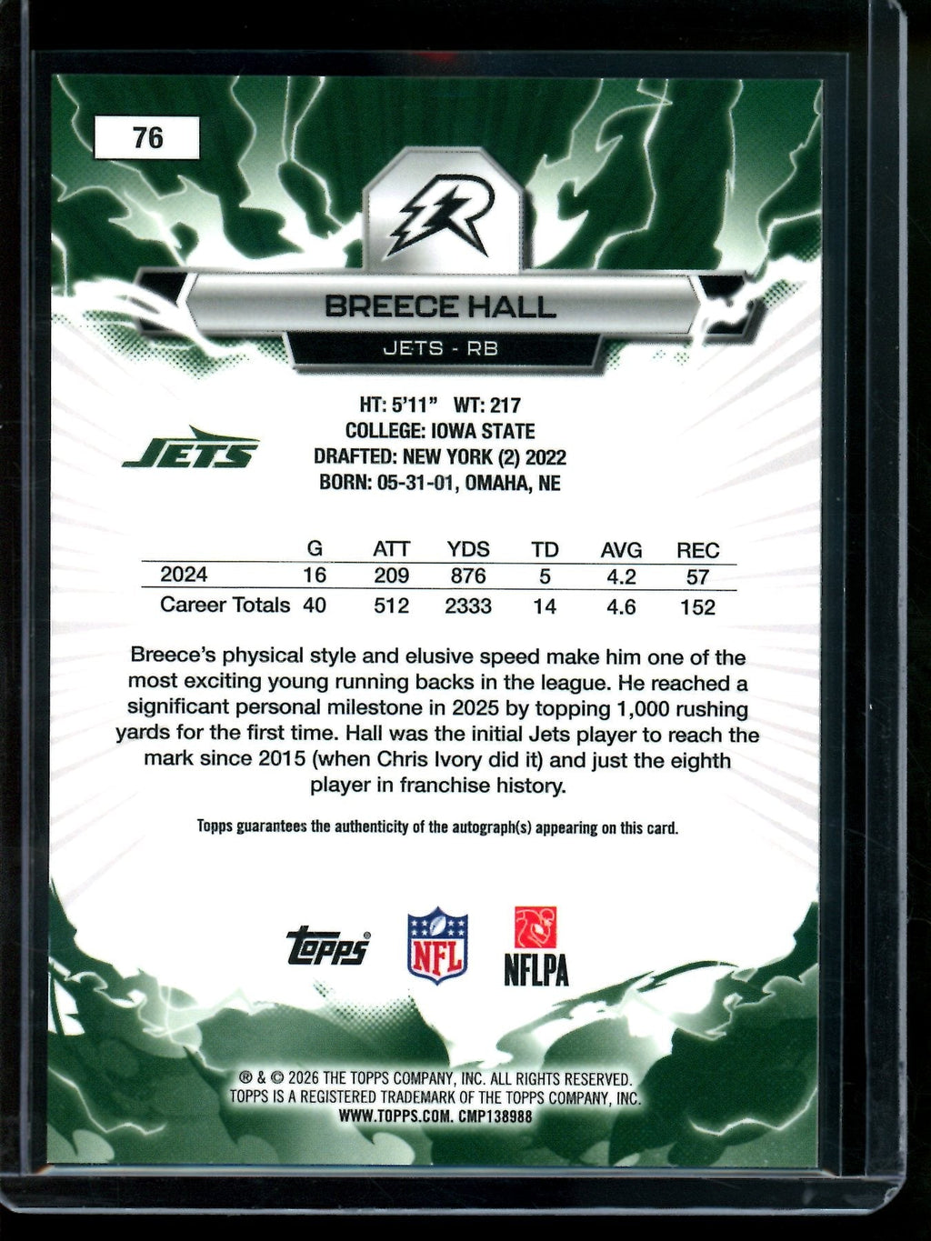 2026 Topps Resurgence Breece Hall Shimmer Autograph Jets