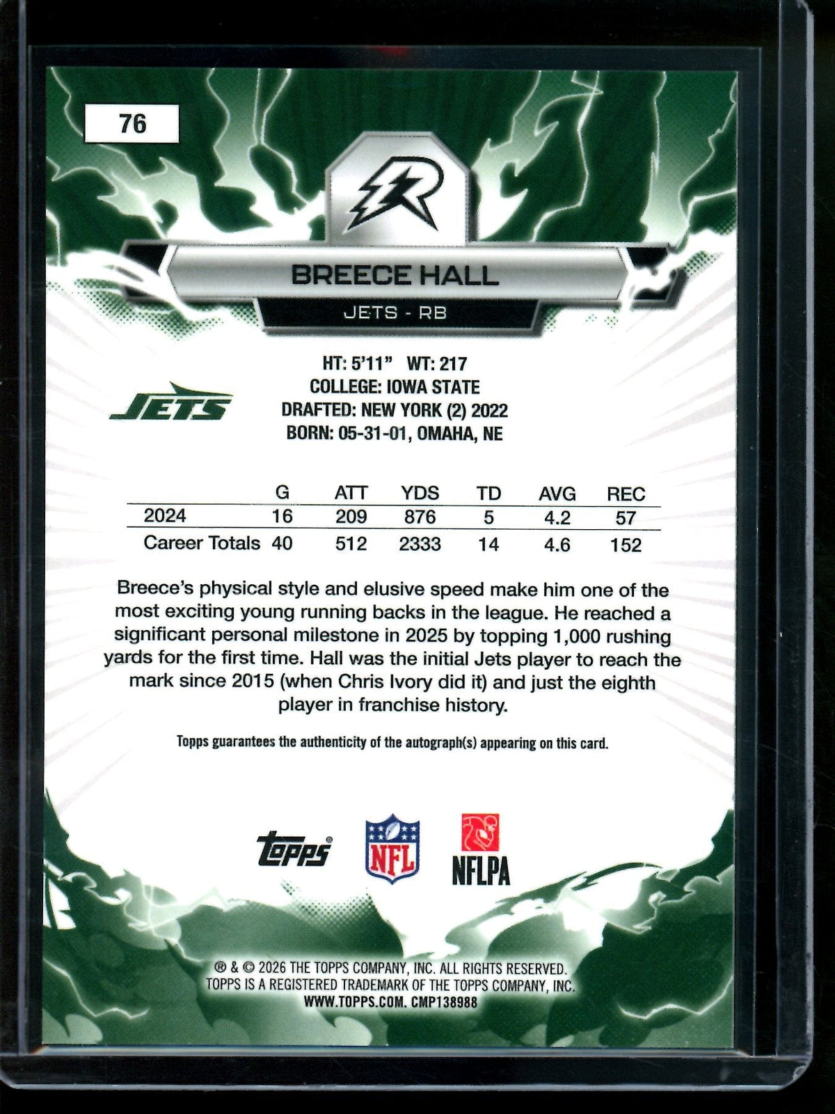 2026 Topps Resurgence Breece Hall Shimmer Autograph Jets
