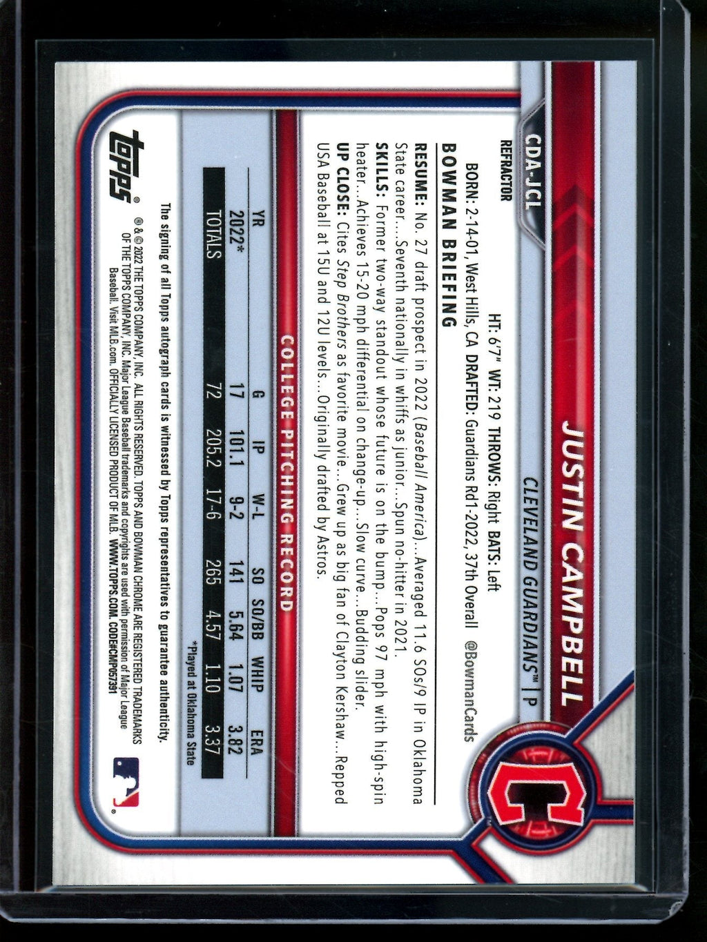 2022 Bowman Chrome Justin Campbell 1st Autograph Refractor /499 Guardians