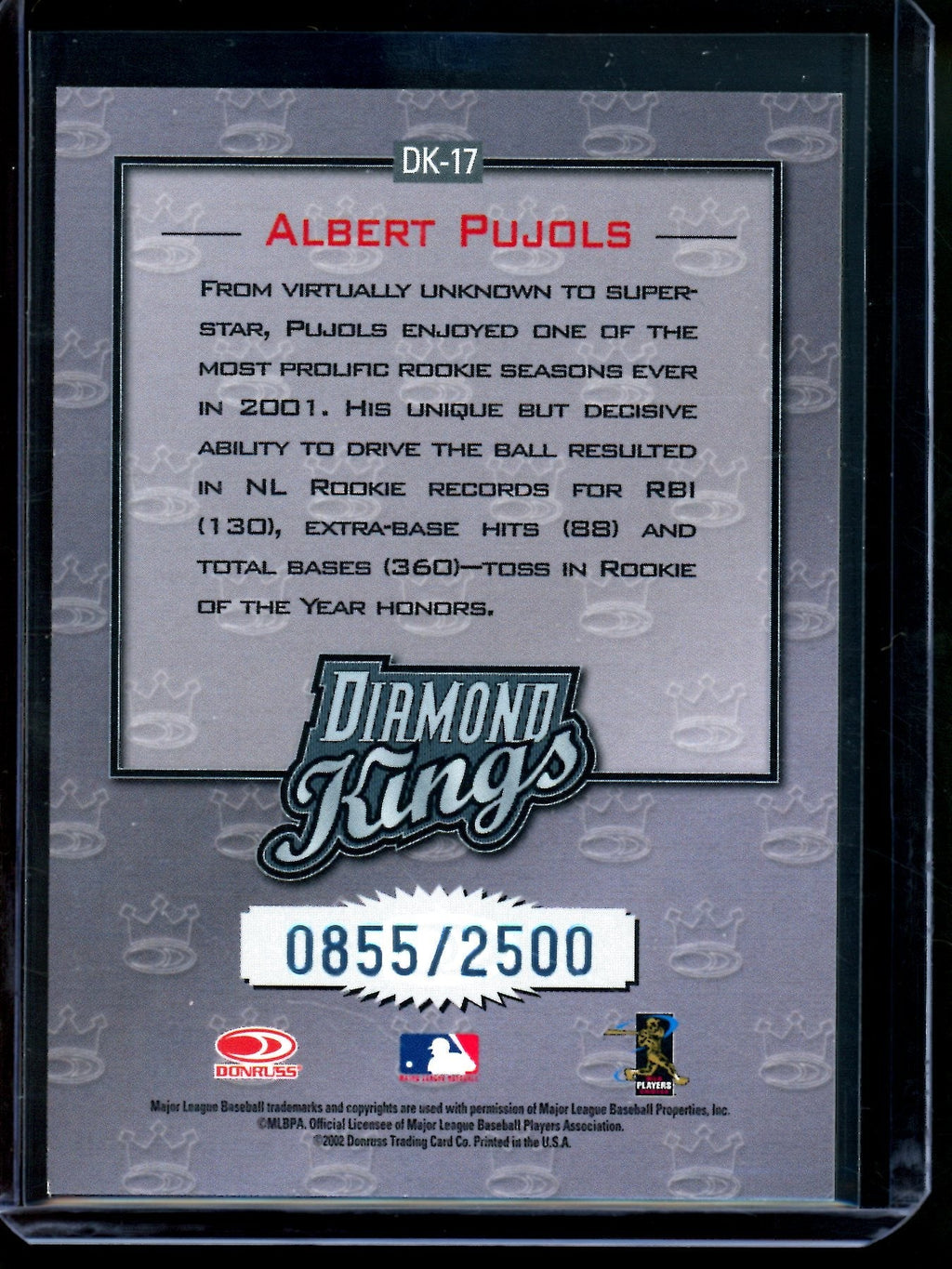2002 Panini Donruss Albert Pujols Diamond Kings /2500 Cardinals