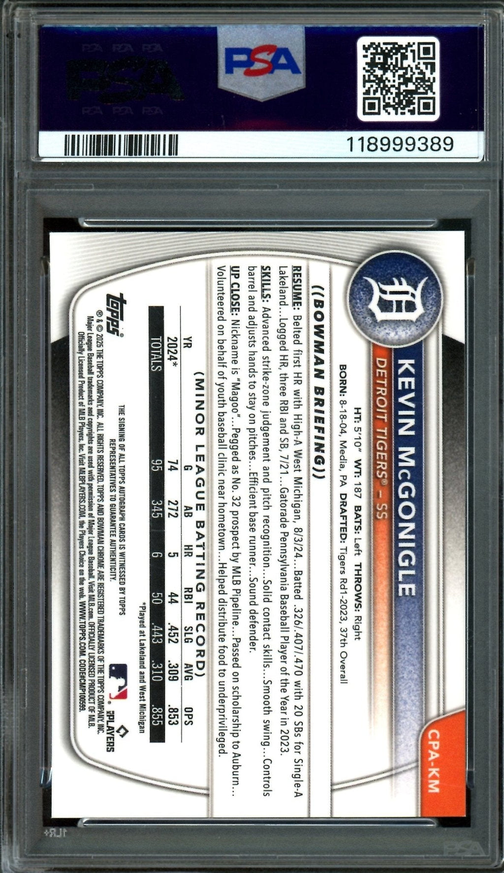 2025 Bowman Chrome Kevin McGonigle 1st Blue Refractor Autograph /150 PSA 10 Tigers