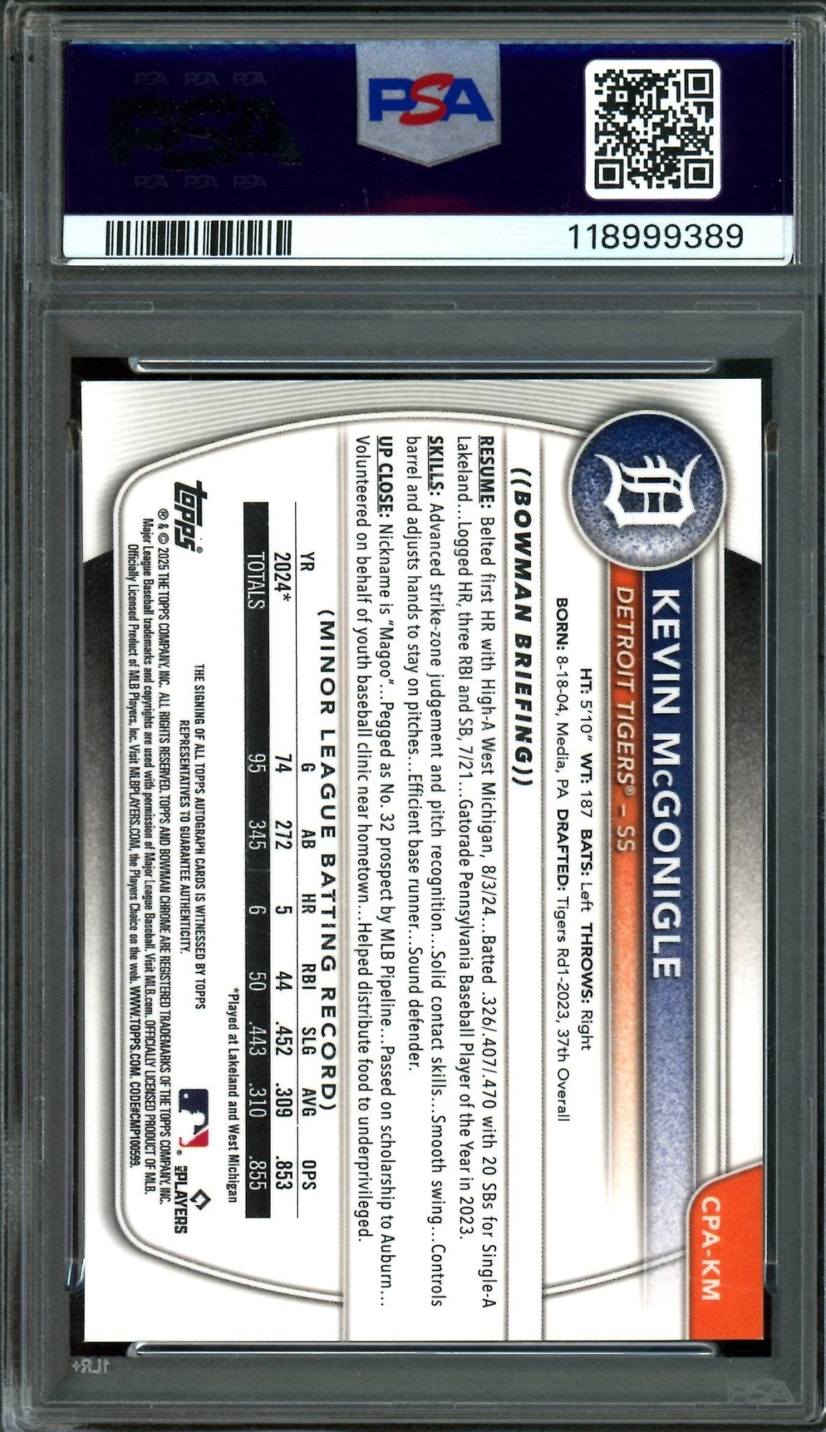 2025 Bowman Chrome Kevin McGonigle 1st Blue Refractor Autograph /150 PSA 10 Tigers